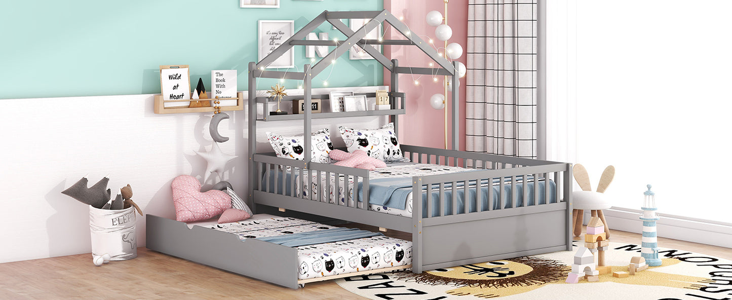 Wooden Full Size House Bed with Trundle,Kids Bed with Shelf,Grey