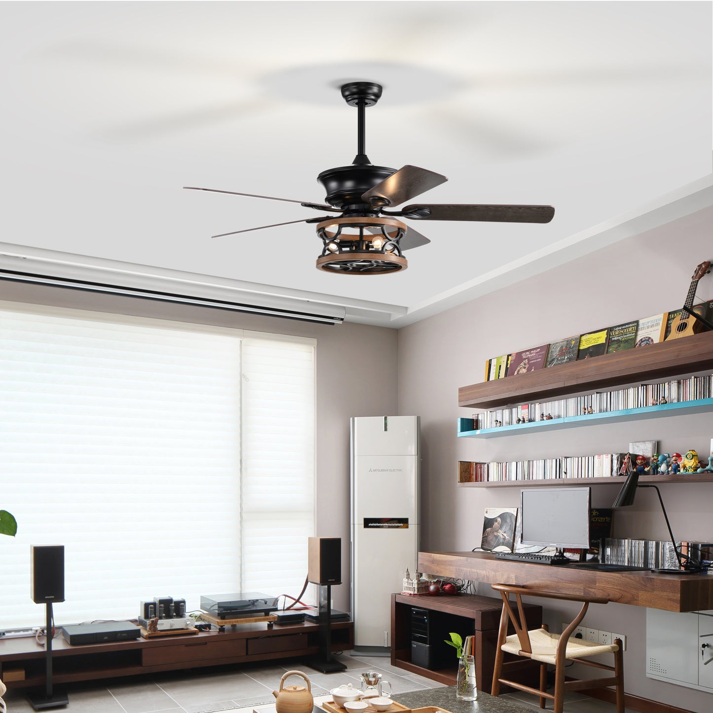 Farmhouse Ceiling Fan with Reversible Airflow, Remote Control, and Caged Light Fixture