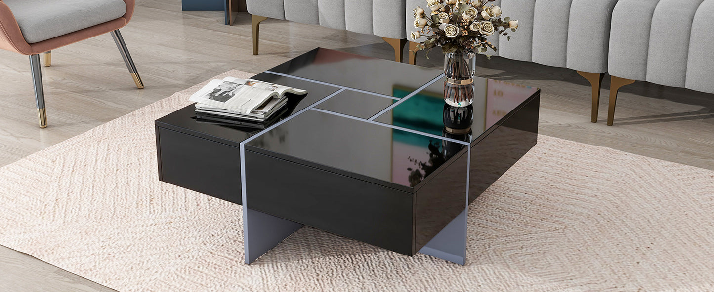 Puzzle Design Coffee Table with Extendable Sliding Tabletop and Hidden Storage Compartments