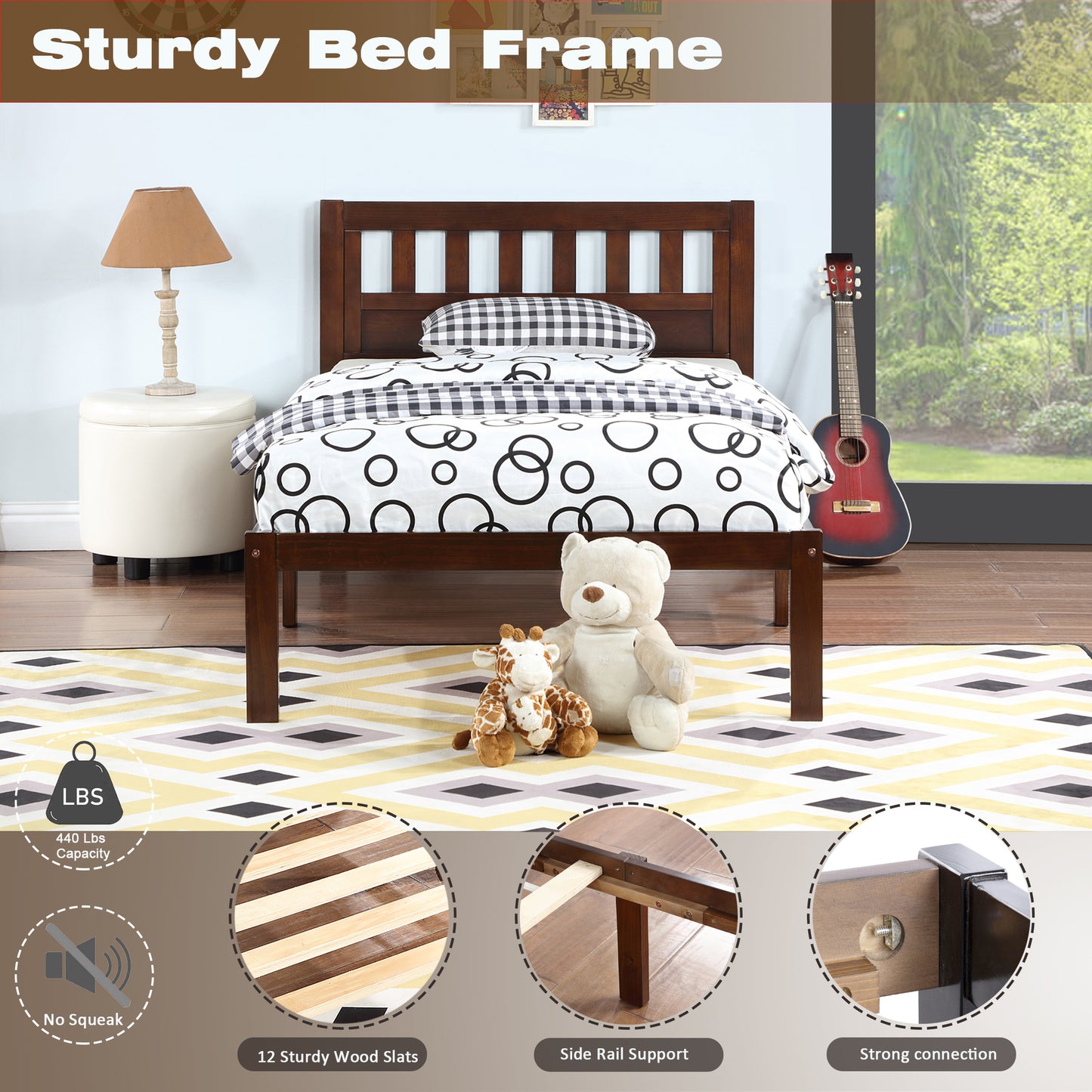 Twin Size Bed, Wood Platform Bed Frame with Headboard For Kids, Slatted, Dark Walnut