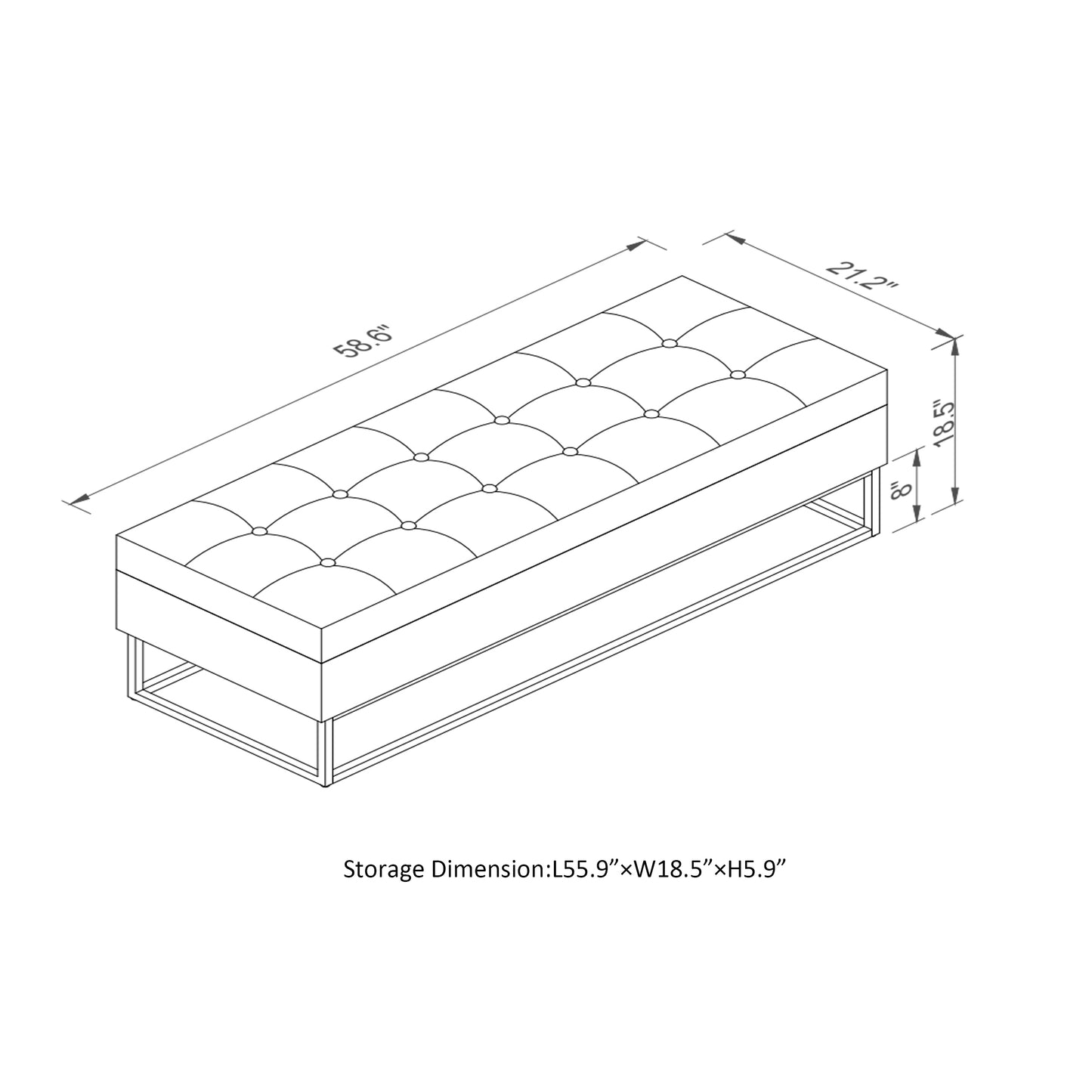 58.6" Bed Bench Metal Base with Storage Grey Velvet