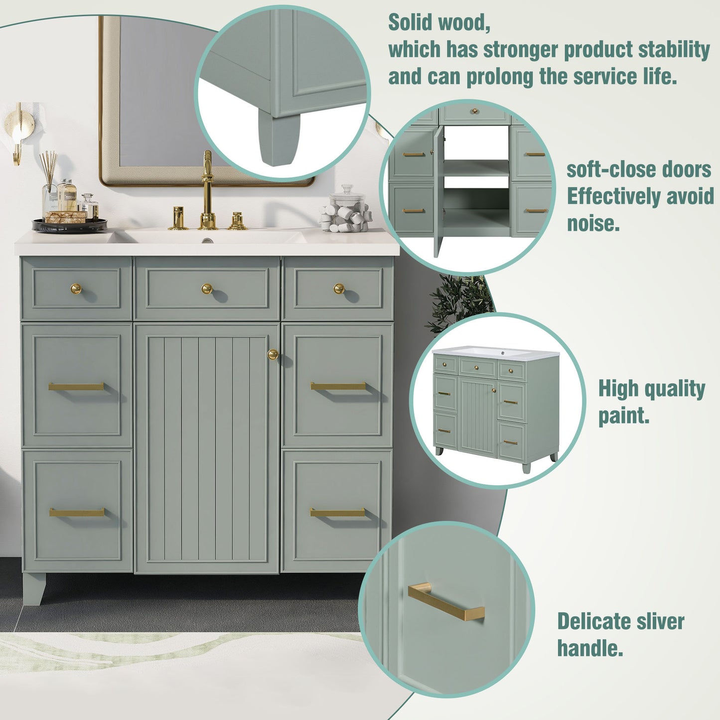 36" Bathroom Vanity Cabinet with Sink Top Combo Set, Green, Single Sink, Shaker Cabinet with Soft Closing Door and Drawer