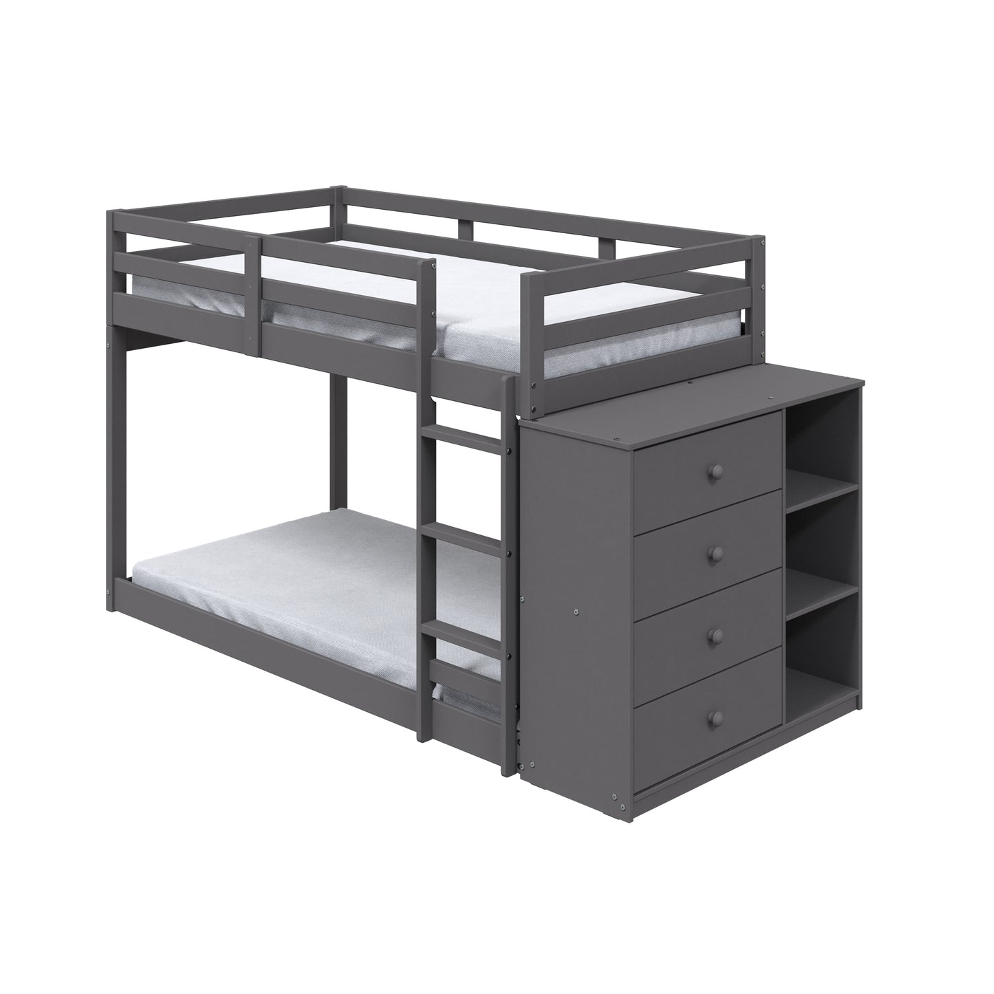 Gray Finish Twin Bunk Bed with Storage and Cabinet - Stylish and Functional Twin/Twin Bunk Bed