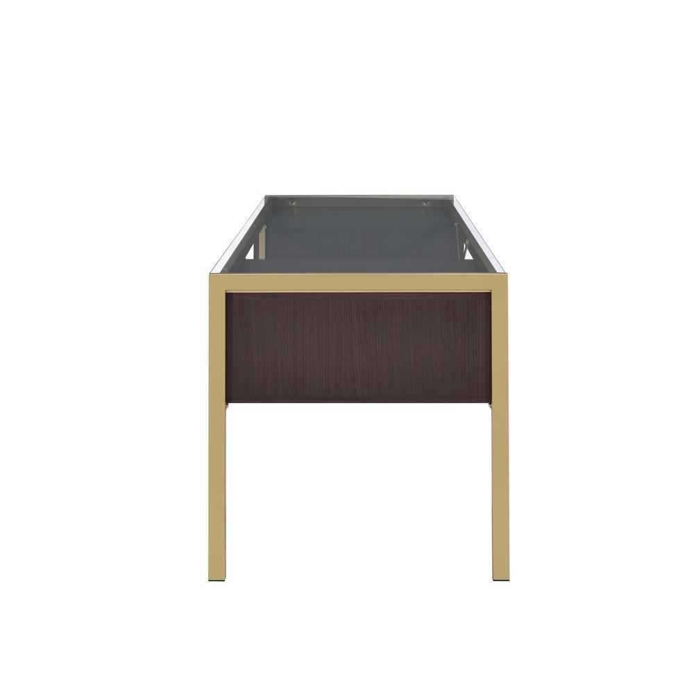 Sophisticated Gold and Clear Glass Writing Desk with Wooden Drawers and Industrial Touch