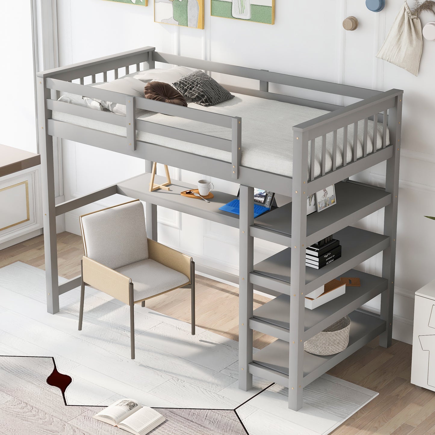 Twin Size Loft Bed with Storage Shelves and Under-bed Desk, Gray(OLD SKU:SM000245AAE-1)