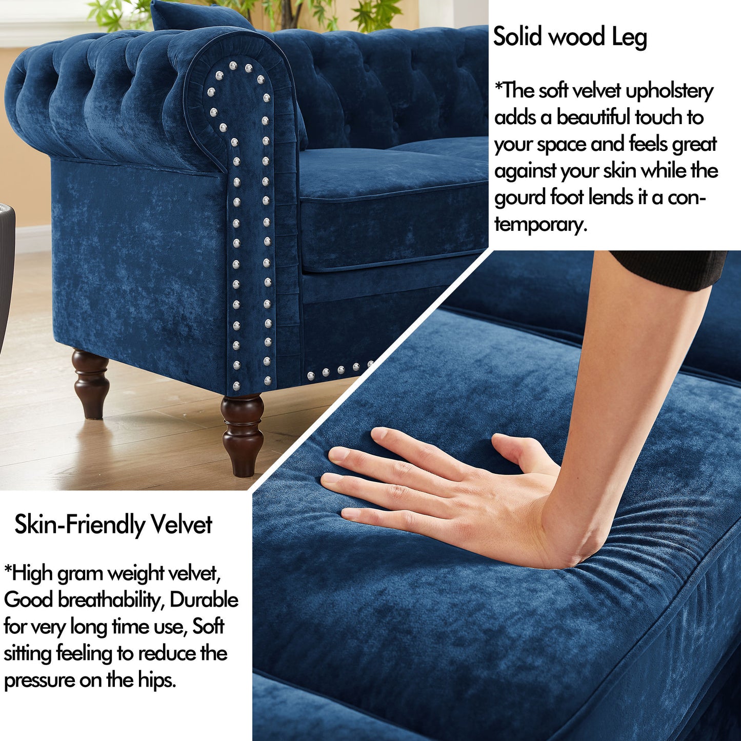 Luxurious Blue Velvet L-shaped Chesterfield Sofa with Deep Button Tufting