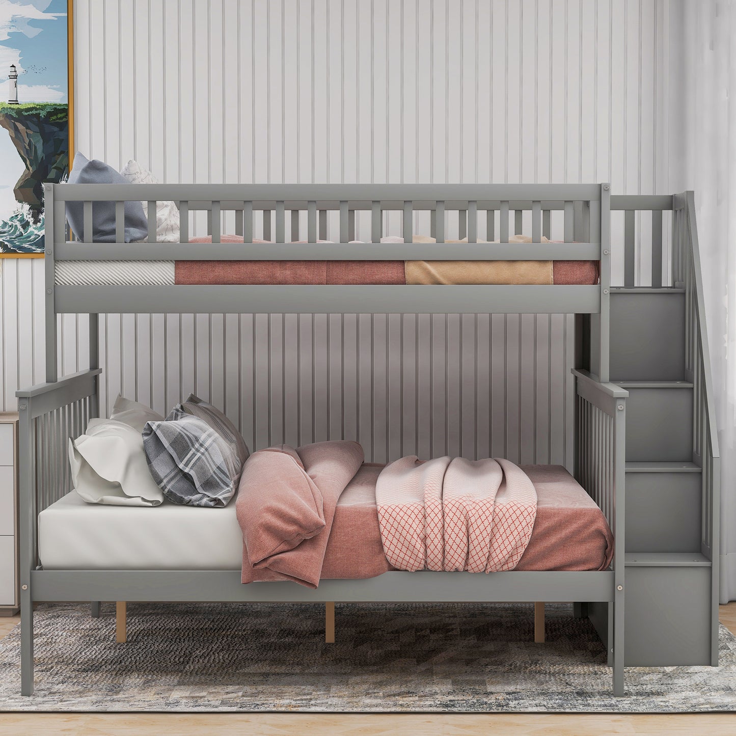 Gray Twin Over Full Storage Bunk Bed with Stairway