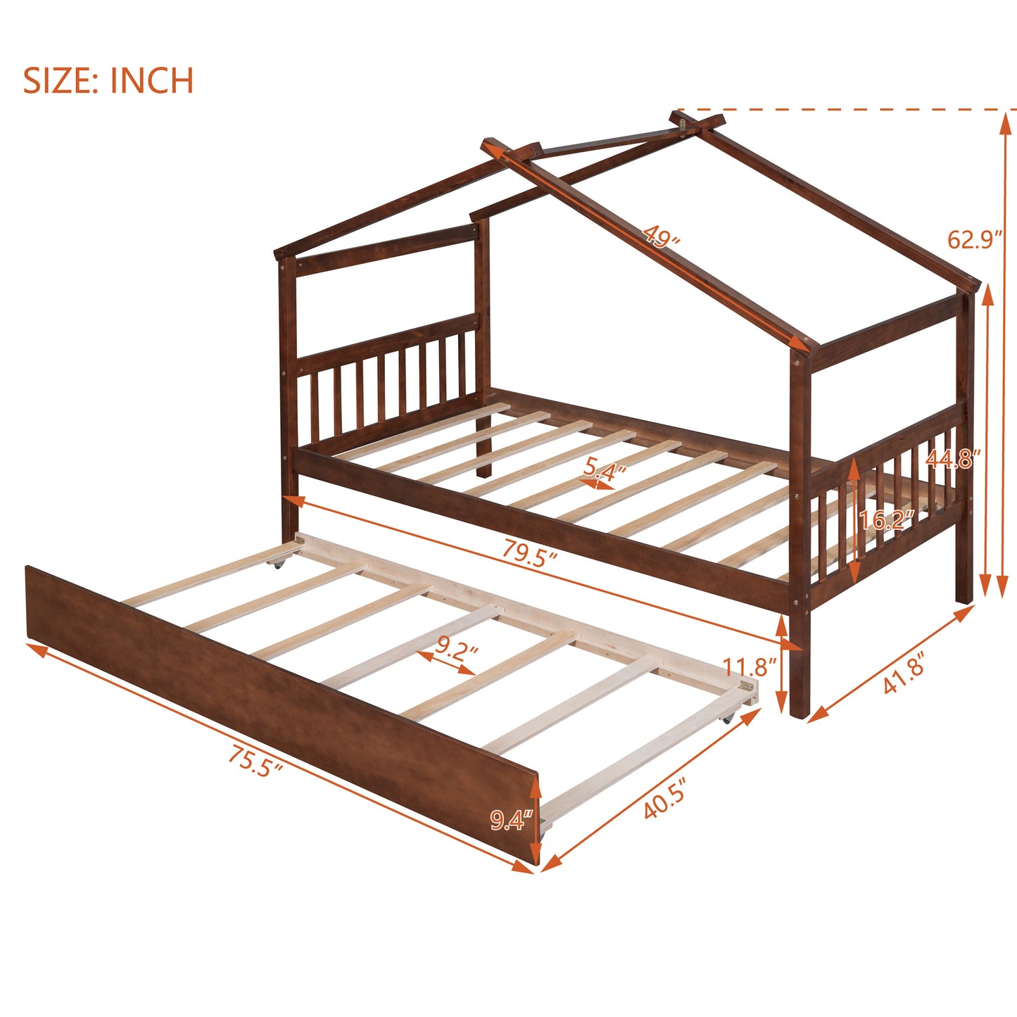 Twin Size Wooden House Bed with Twin Size Trundle, Walnut