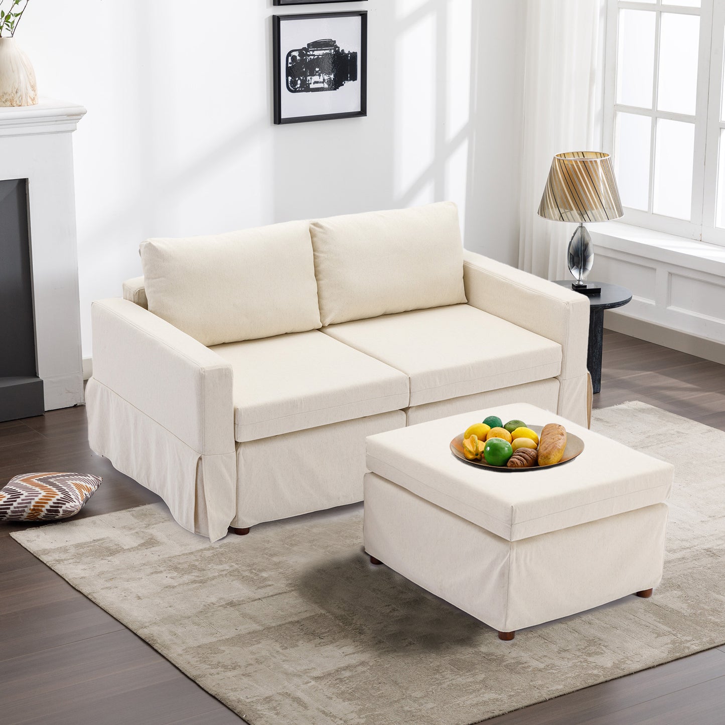 2-Seat Modular Sectional Sofa Set with Ottoman, Removable and Washable Seat and Back Cushions, Cream