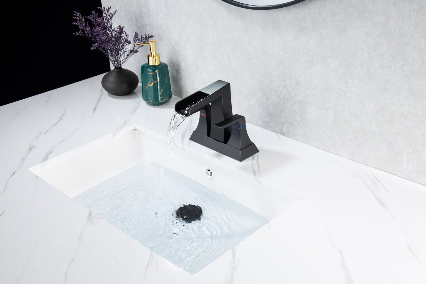 Black Matte 2-Handle Lavatory Faucet with Waterfall Flow and Layer Filtering