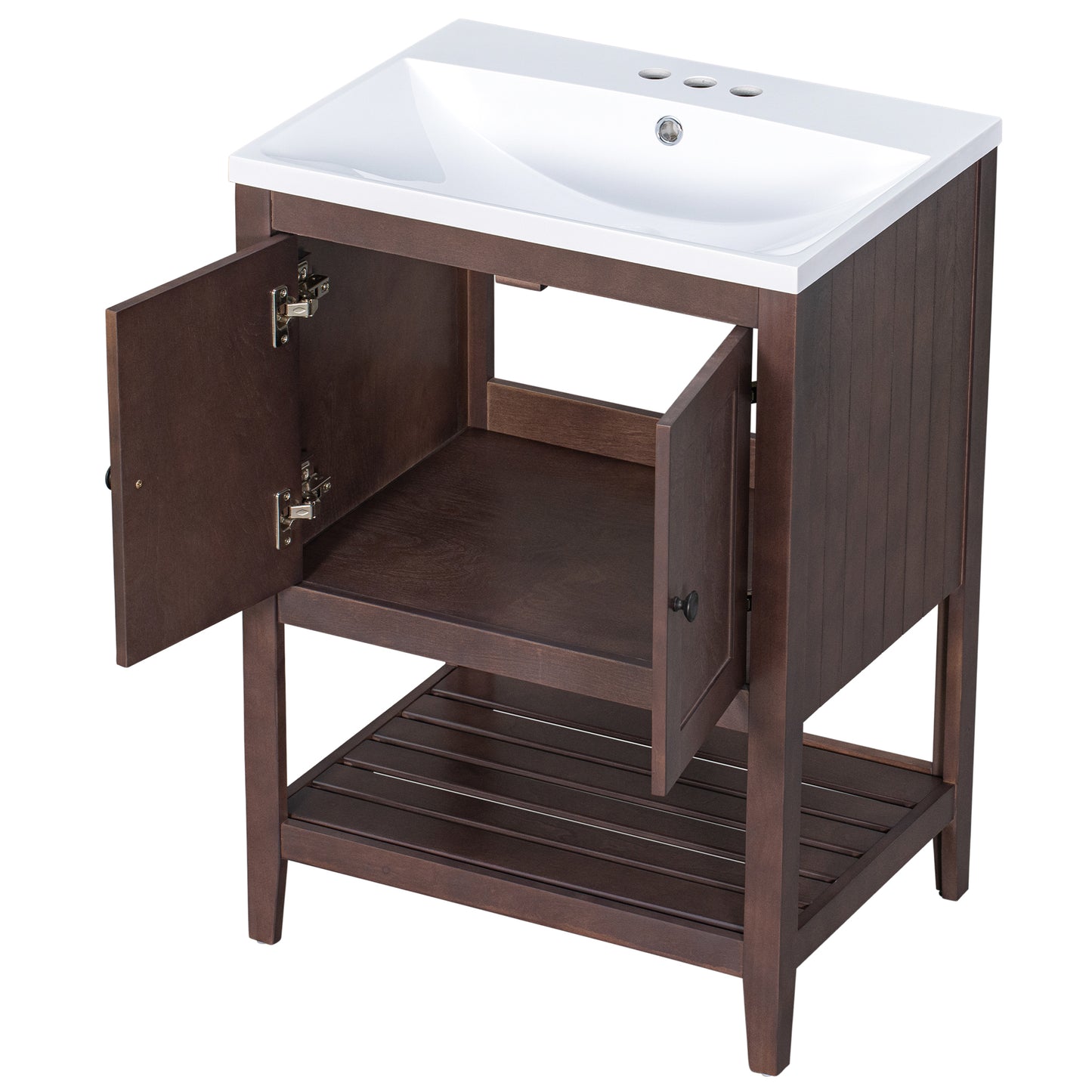 24" Brown Modern Sleek Bathroom Vanity Elegant Ceramic Sink with Solid Wood Frame Open Style Shelf