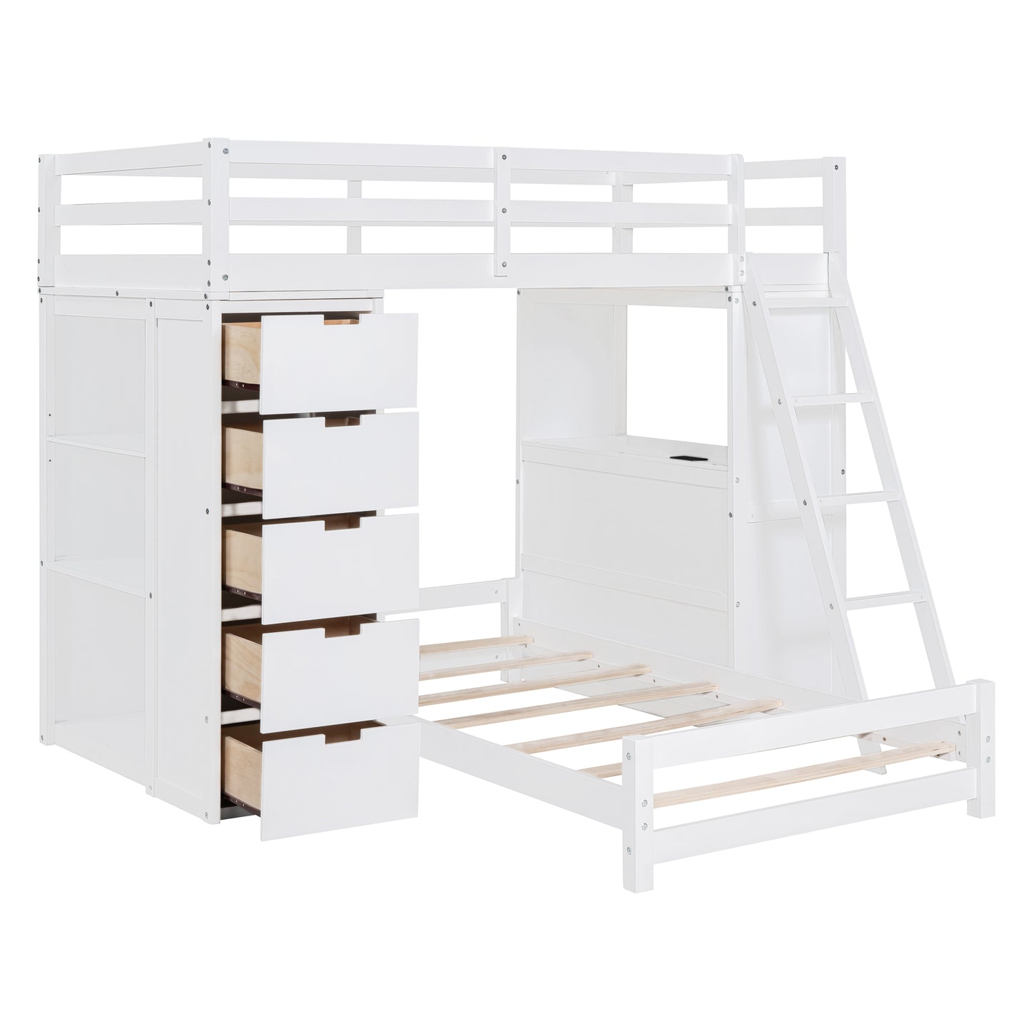 White Twin Bunk Bed with LED Light, USB Ports, and Storage Options