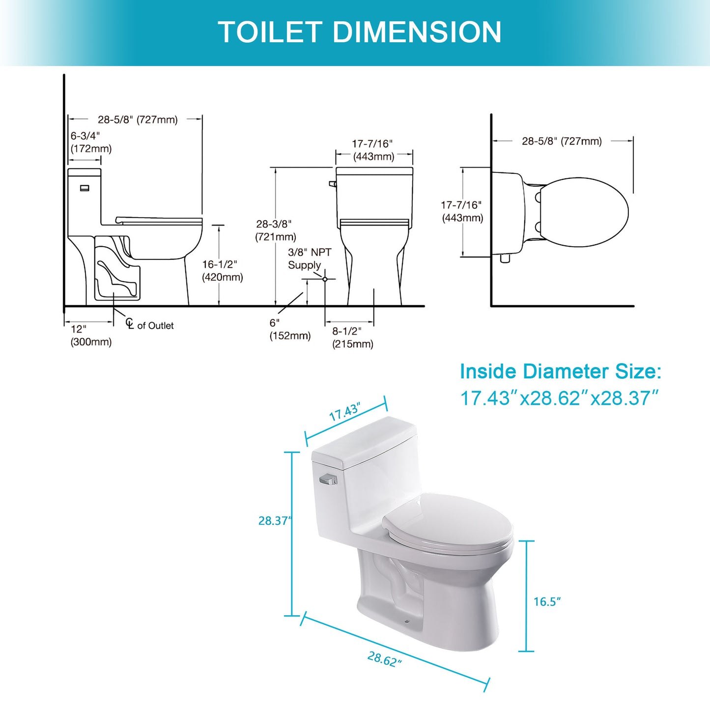 Ceramic One Piece Toilet,Single Flush with Soft Clsoing Seat