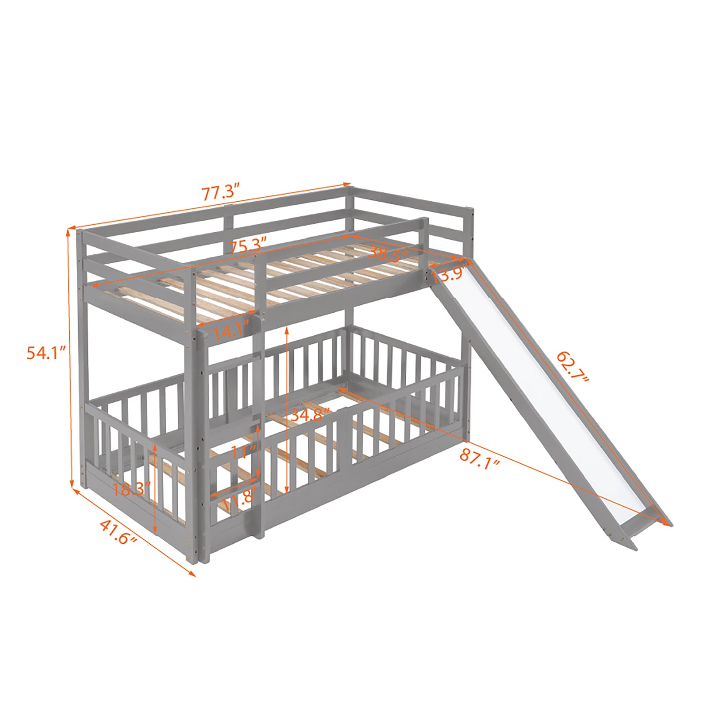 Gray Twin Bunk Bed with Slide, Ladder, and Space-Saving Design for Cozy Bedrooms