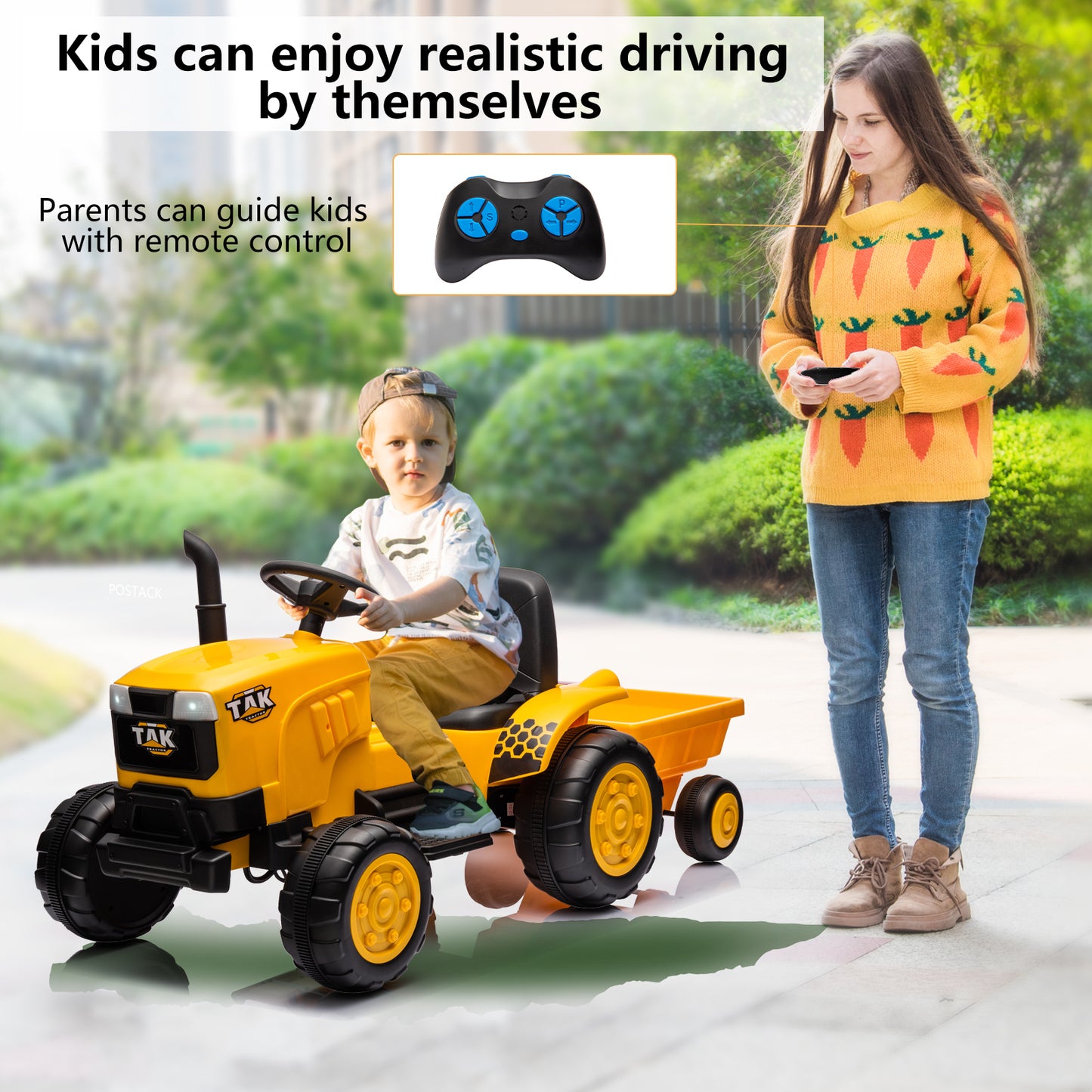 12V Kids Ride on Tractor Electric Excavator Battery Powered Motorized Car for Kids Ages 3-6, with , Detachable Trailer, Remote Control, & Bright Headlight, Yellow