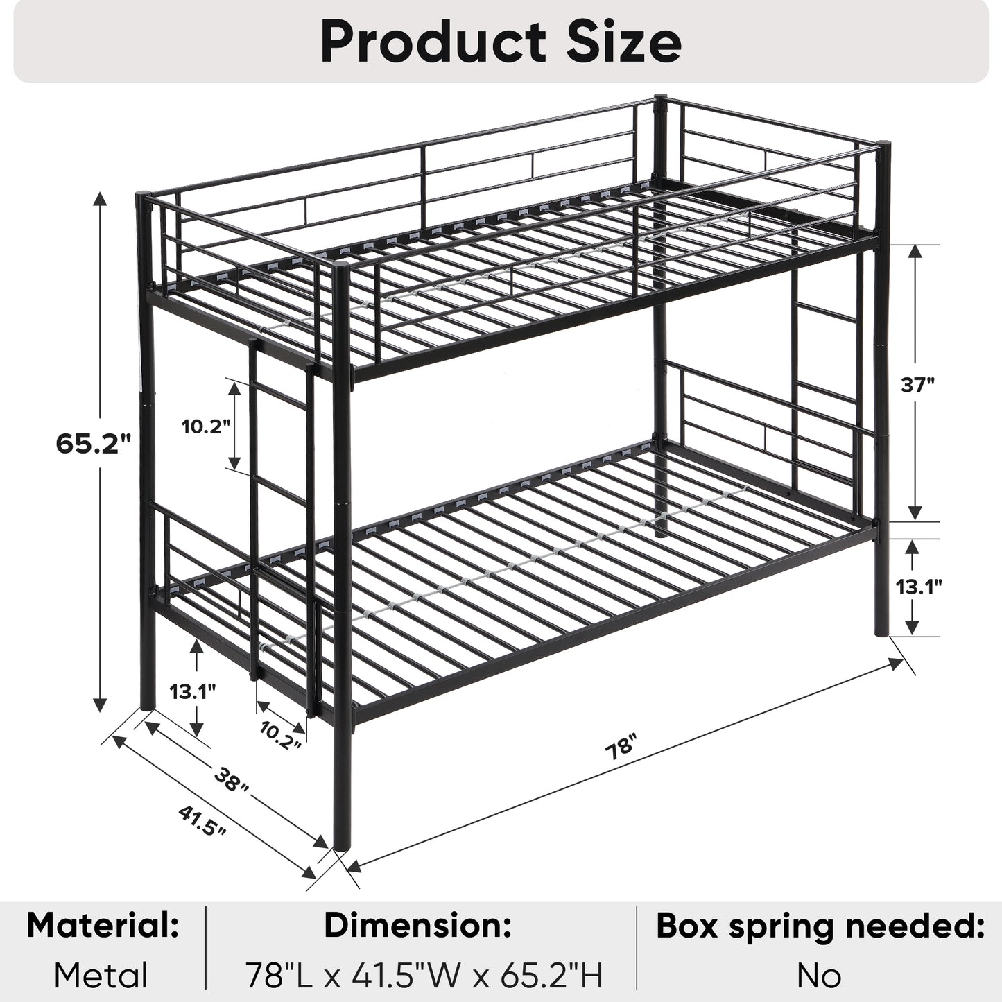 Convertible Twin Over Twin Metal Bunk Bed with 2 Ladders, Guardrail, and Storage Space in Black