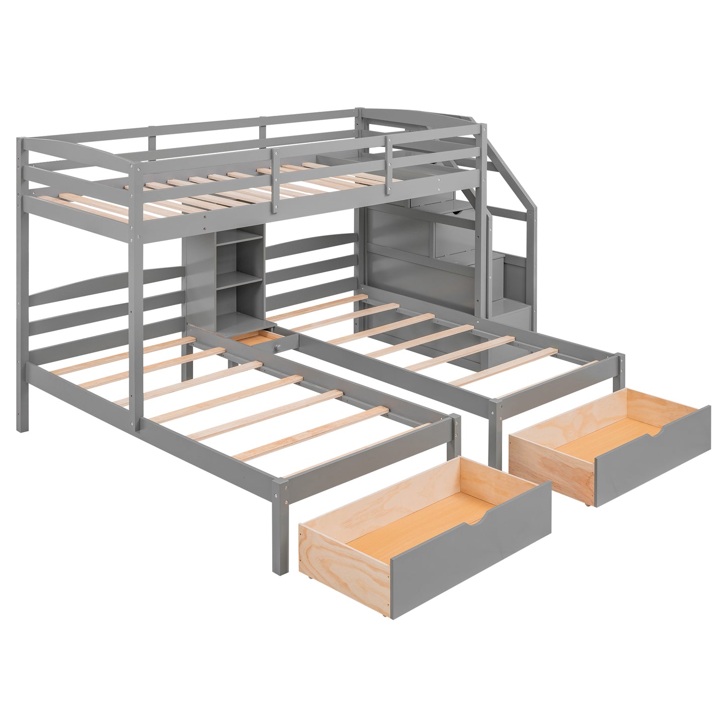 Gray Triple Bunk Bed with Storage Drawers, Staircase, and Built-in Shelves