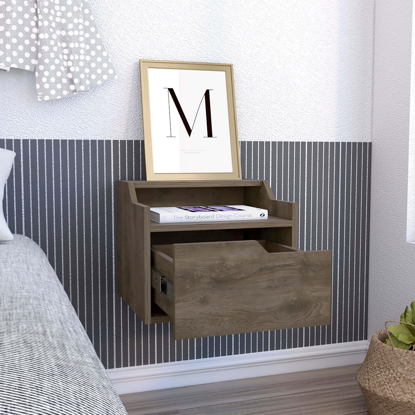 Busan Modern Floating Nightstand, Single-Drawer Design with Sleek Two-Tiered Top Shelf Surfaces- Dark Brown - Bedroom