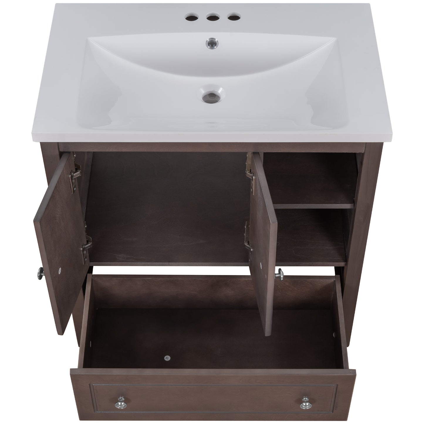 30" Bathroom Vanity with Sink, Bathroom Storage Cabinet with Doors and Drawers, Solid Wood Frame, Ceramic Sink, Brown