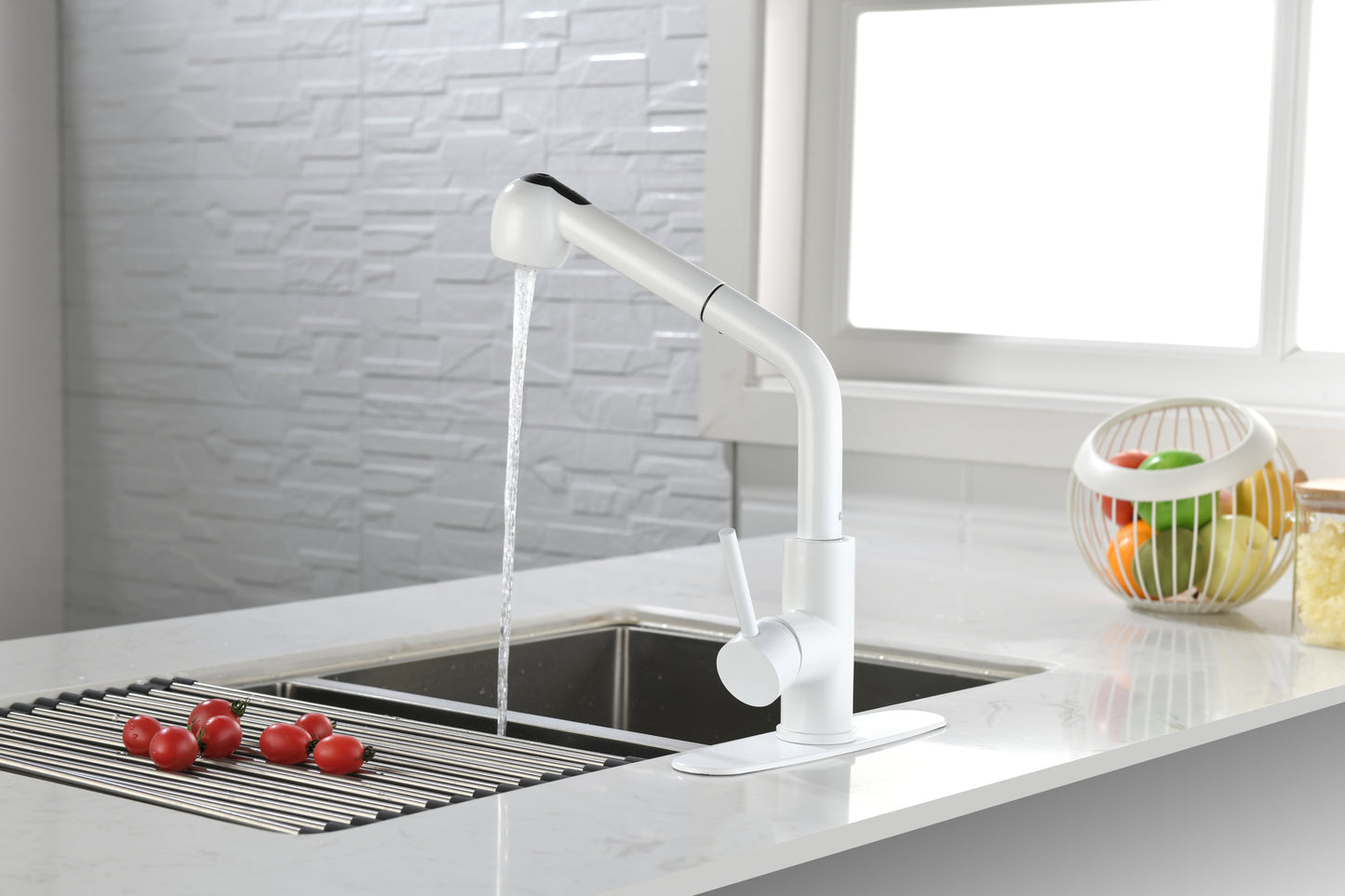 in White Pull-Out Sprayer Kitchen Faucet In Stainless with Deck Plate