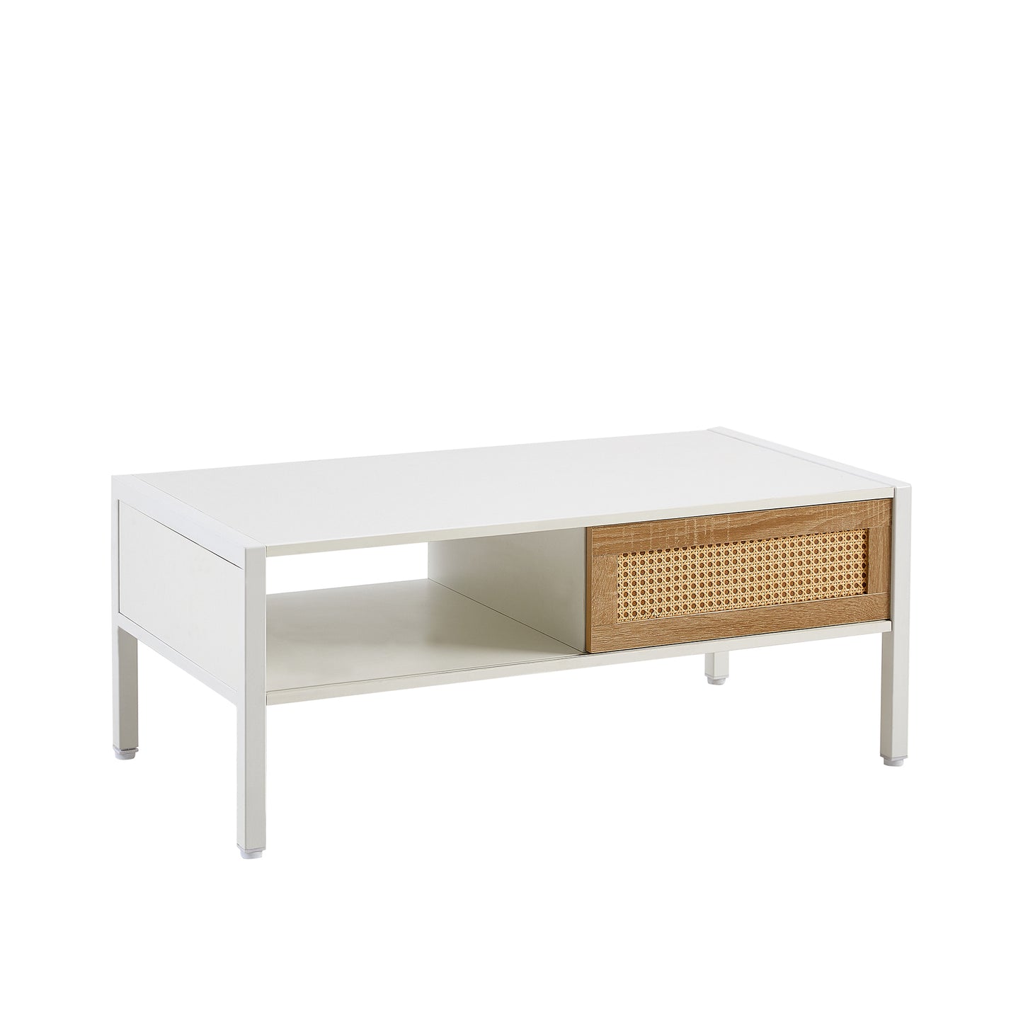 Modern White Rattan Coffee Table with Sliding Door Storage