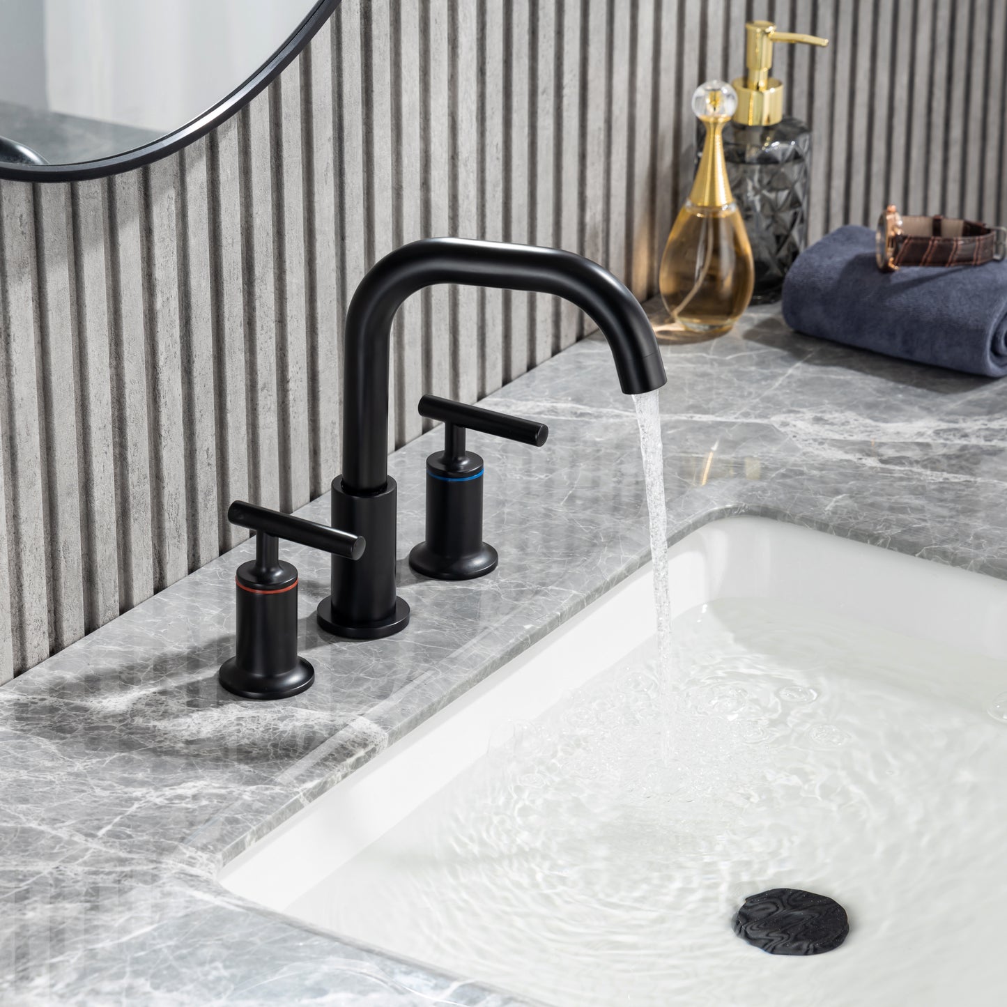 Matte Black 8 Inch 3 Hole Bathroom Faucet Set with Valve and Pop-Up Drain Assembly