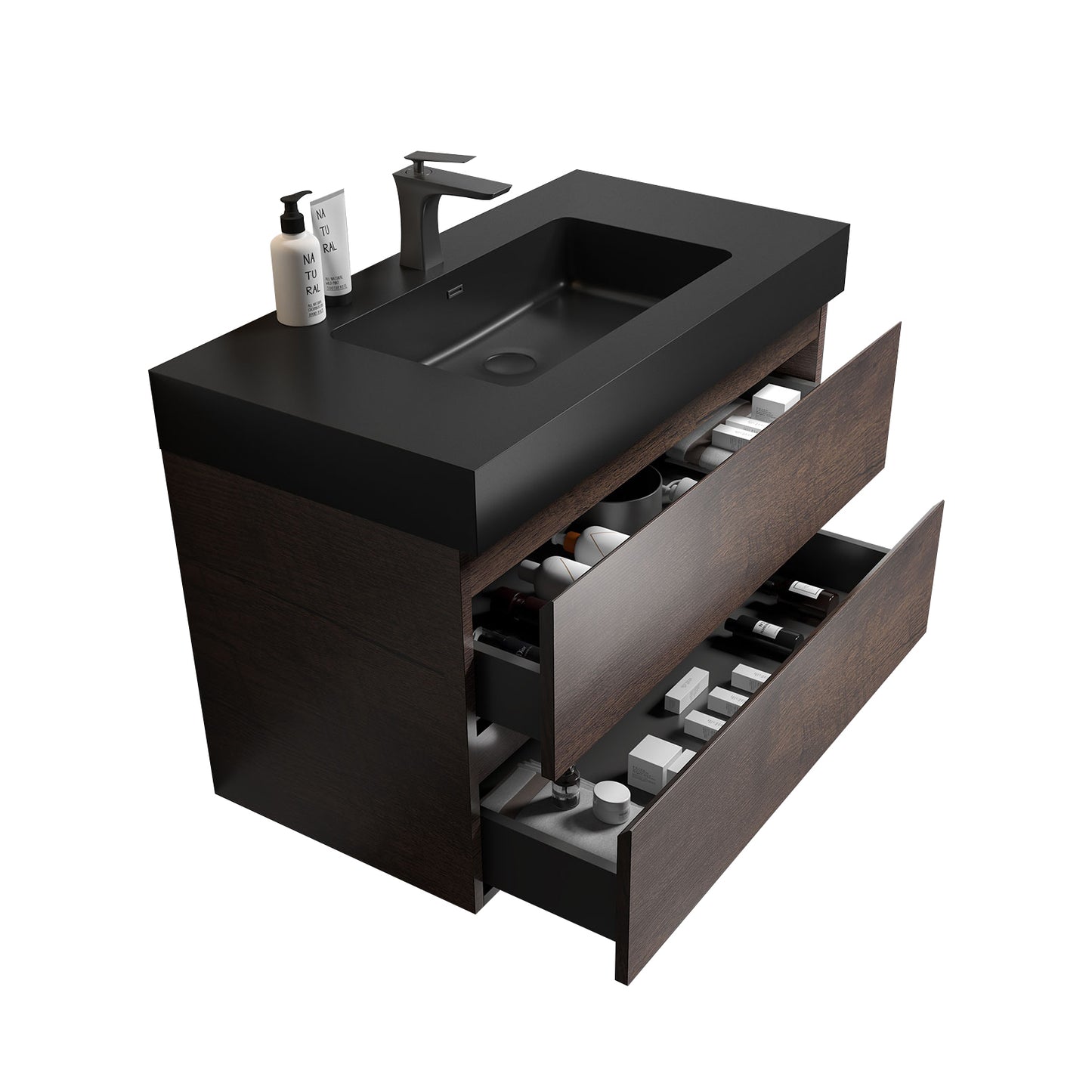 Alice-36W-105,Wall mount cabinet WITHOUT basin,Walnut color,With two drawers