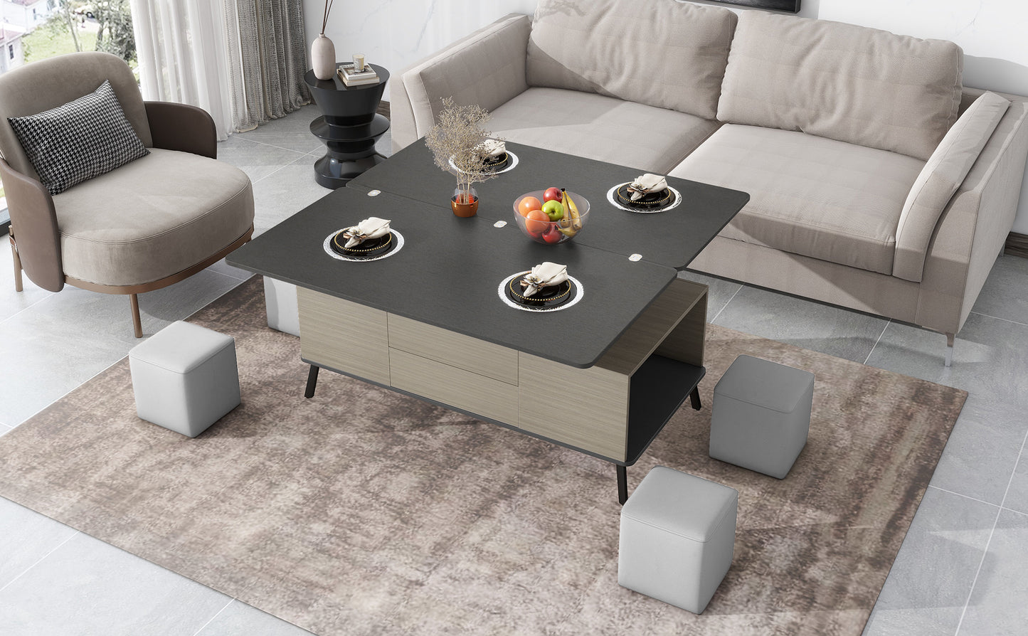 5-Piece Lift Top Coffee Table Set With Convertible Dining Table and Ottomans