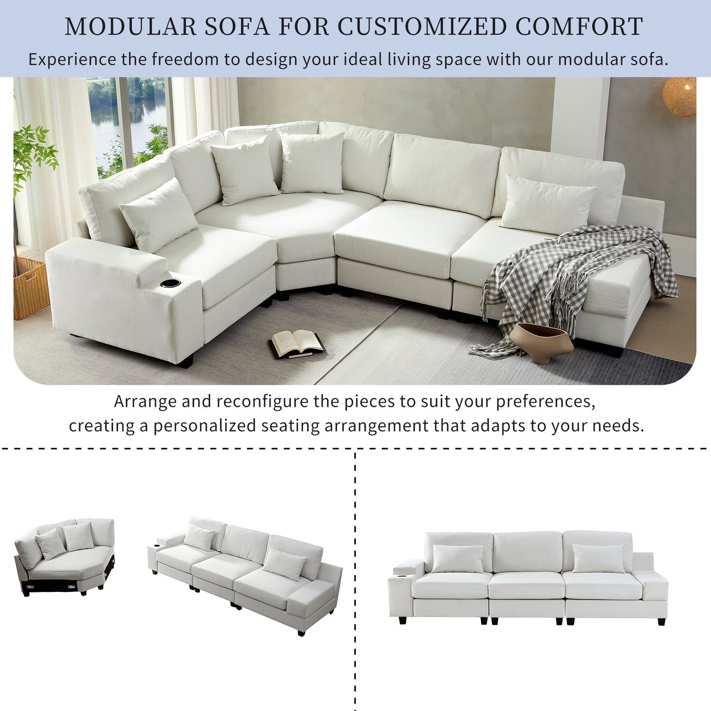 U_Style Stylish Modular Sofa Sectional with Polyester Upholstery with 4 Pillows, 1 Cup Holder with Free Combination for Living Room