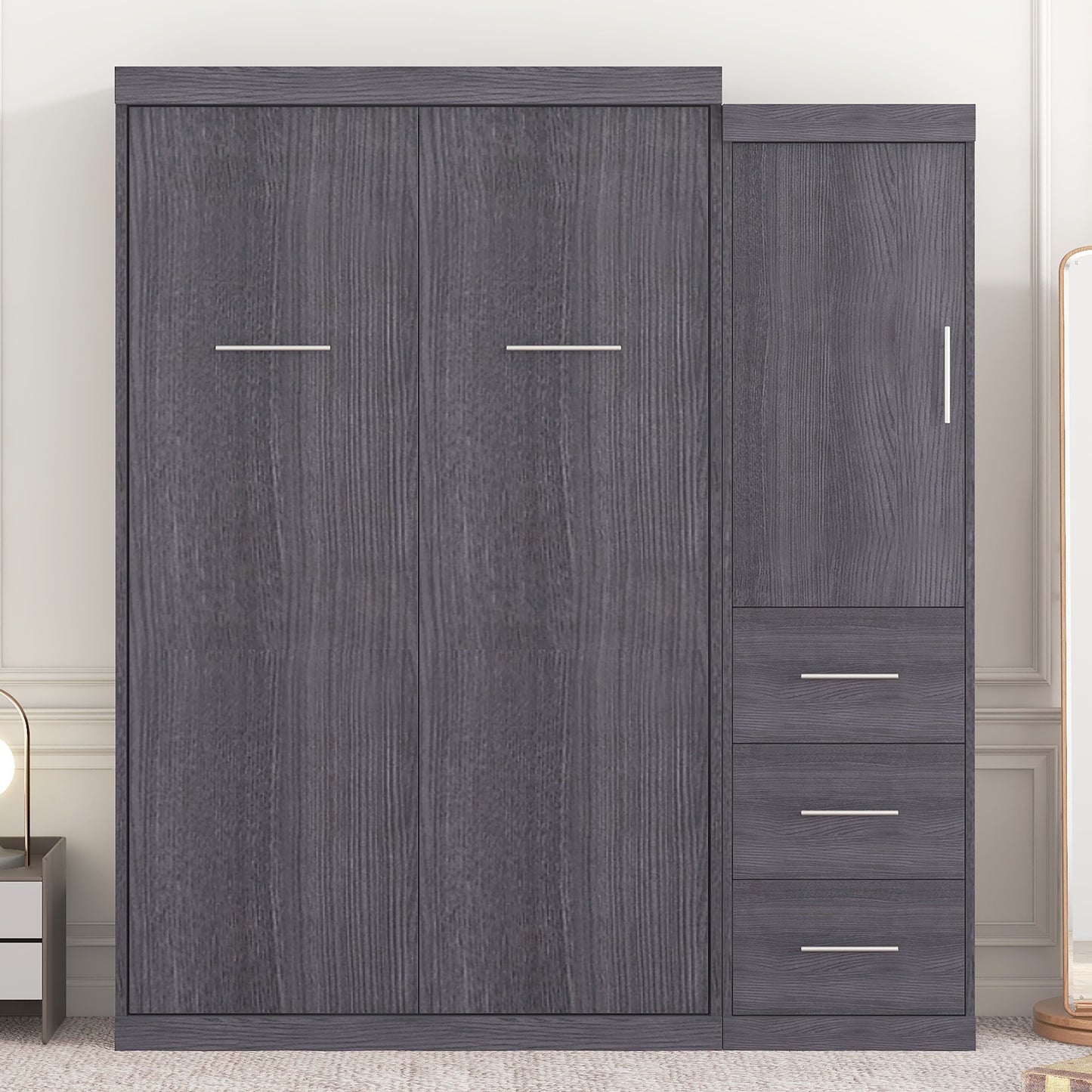 Twin Size Murphy Bed with Wardrobe and Drawers, Storage Bed, can be Folded into a Cabinet, Gray