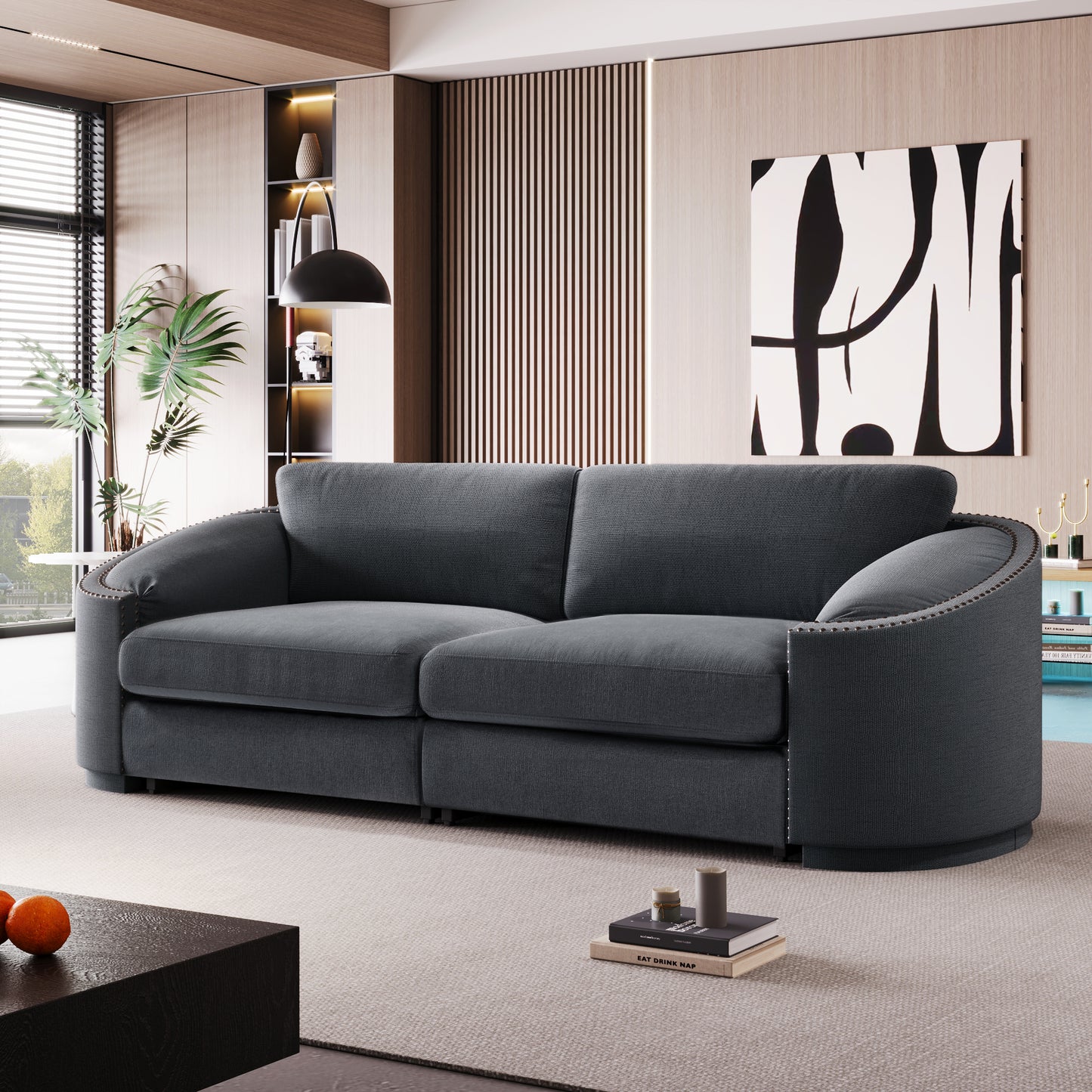 U_Style Stylish Sofa with Semilunar Arm, Rivet Detailing, and Solid Frame for Living Room