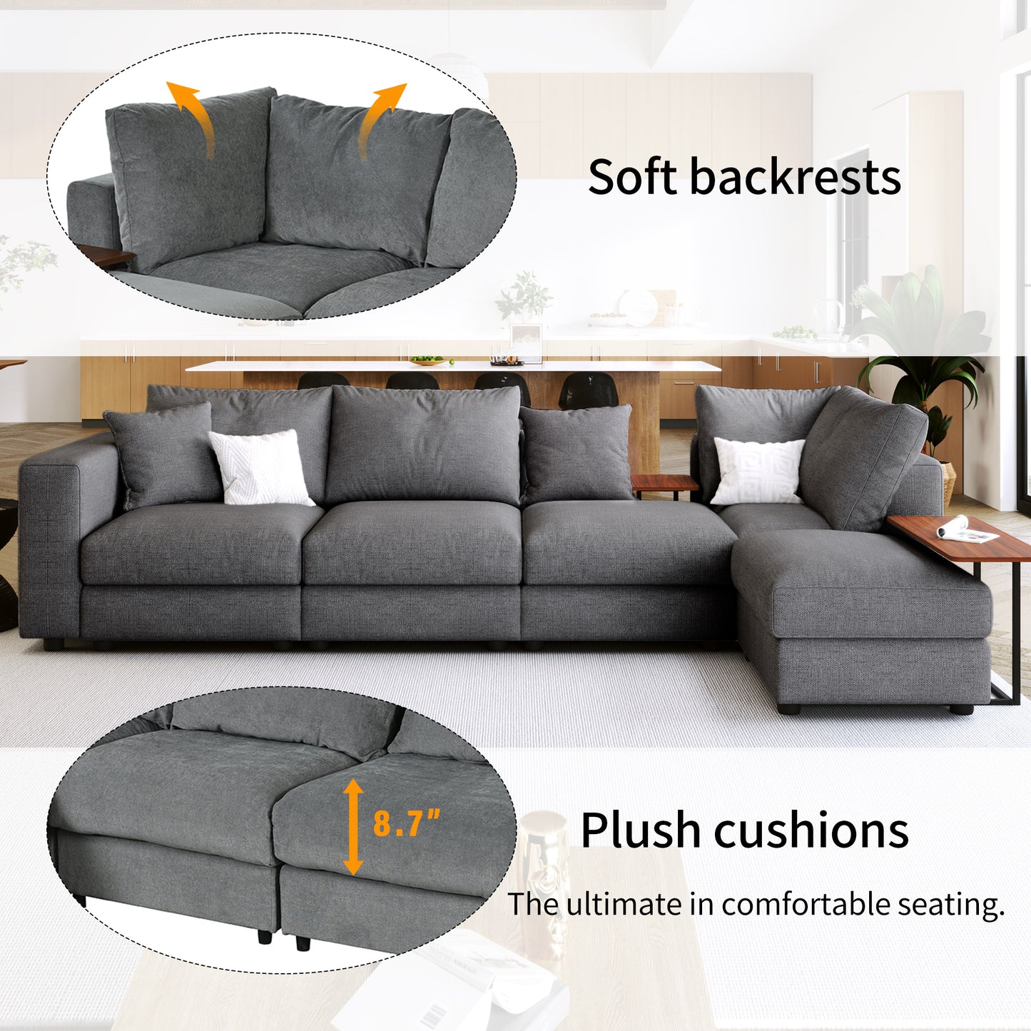 U_STYLE Modern Large L-Shape Sectional Sofa for Living Room, 2 Pillows and 2 End Tables