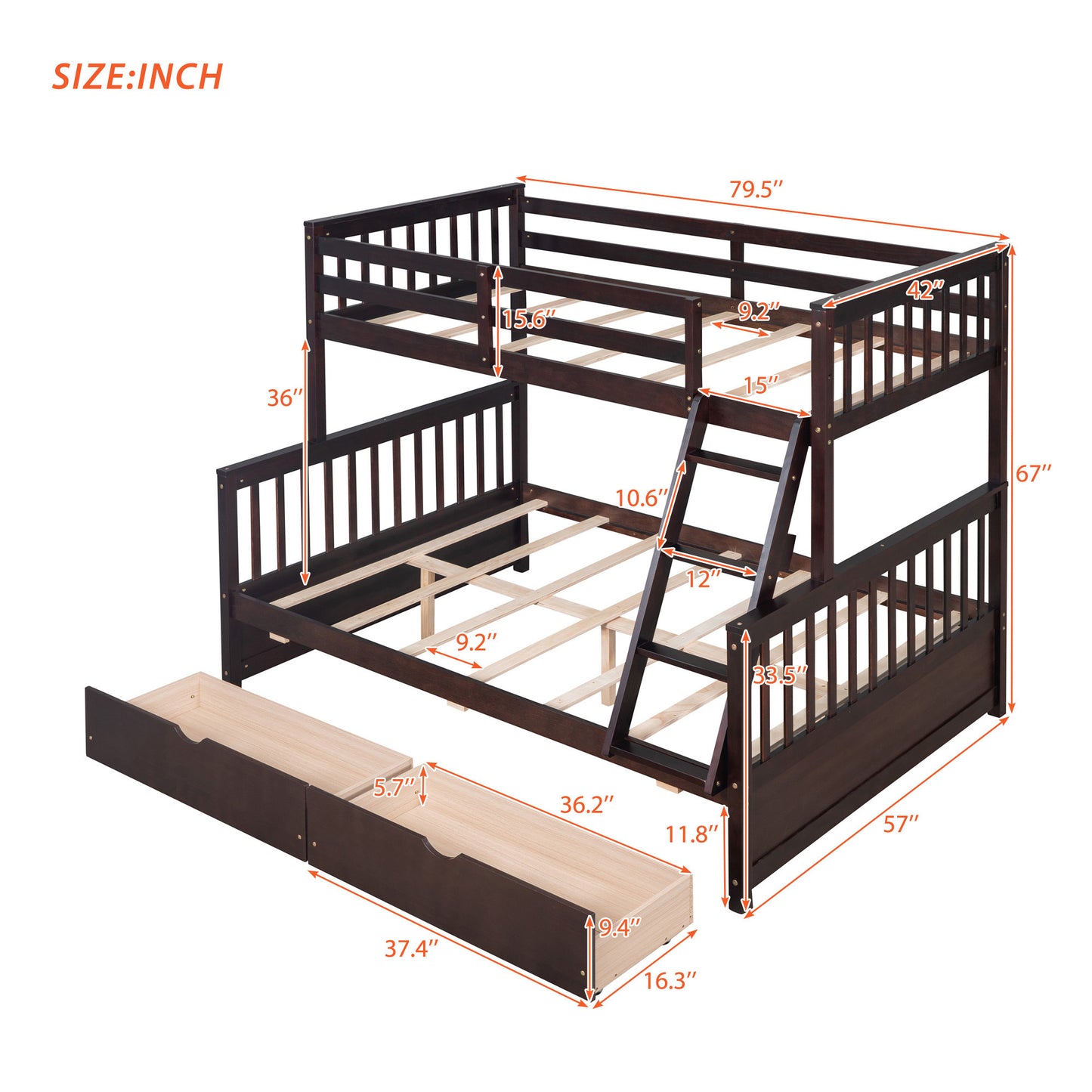 Convertible Twin-Over-Full Bunk Bed with Storage Drawers and Safety Features (Espresso)