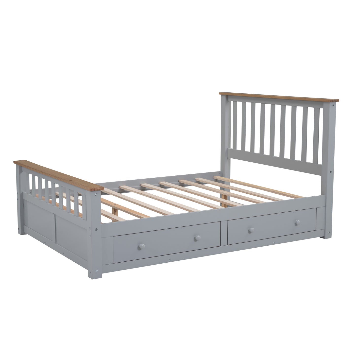 Full Size Wood Platform Bed with Two Drawers and Wooden Slat Support,Gray+Natrual