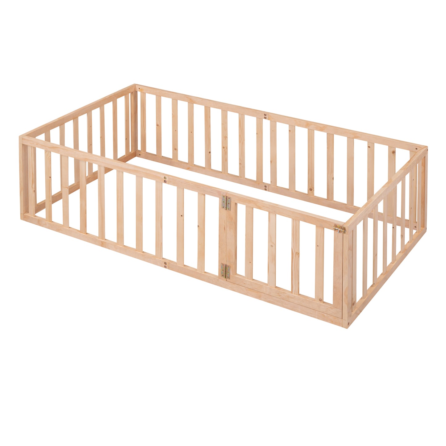 Twin Size Wood Floor Bed Frame with Fence and Door, Natural( :WF289661AAM)