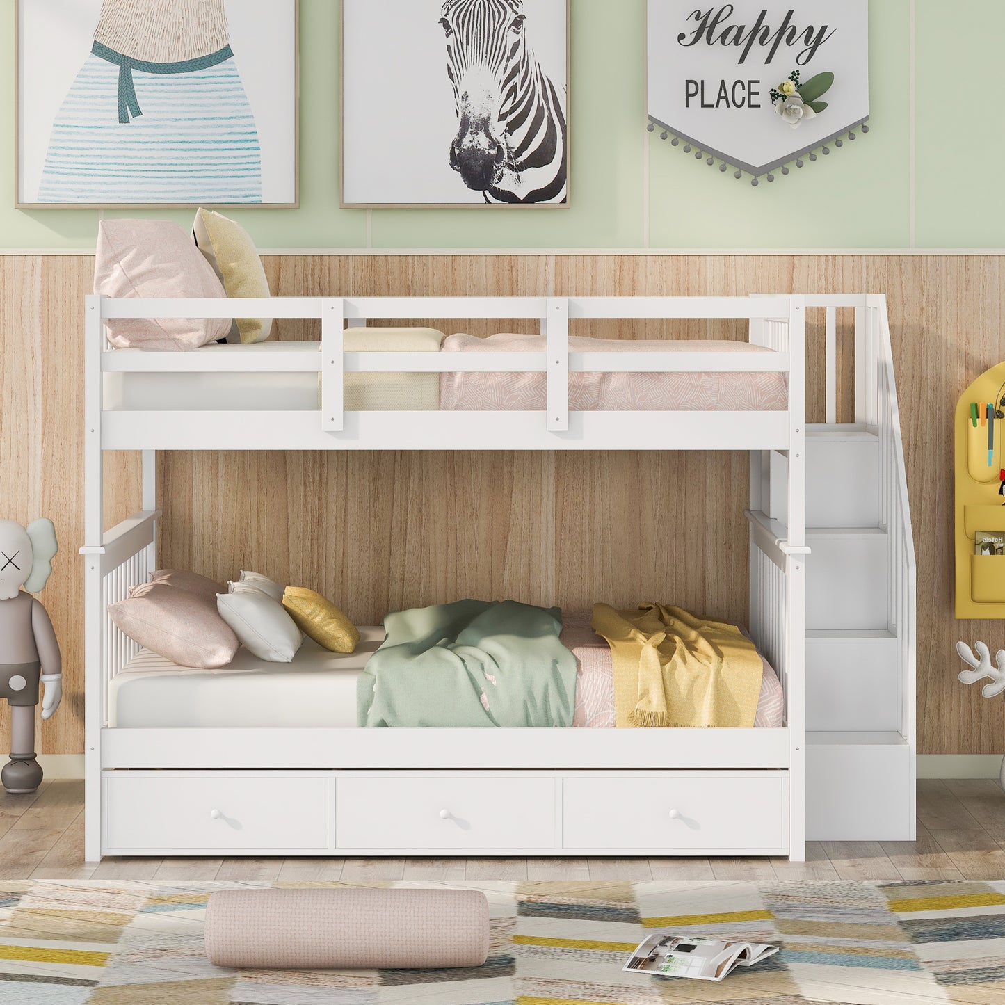 Full-Size Bunk Bed with Stairway Storage and Guard Rail