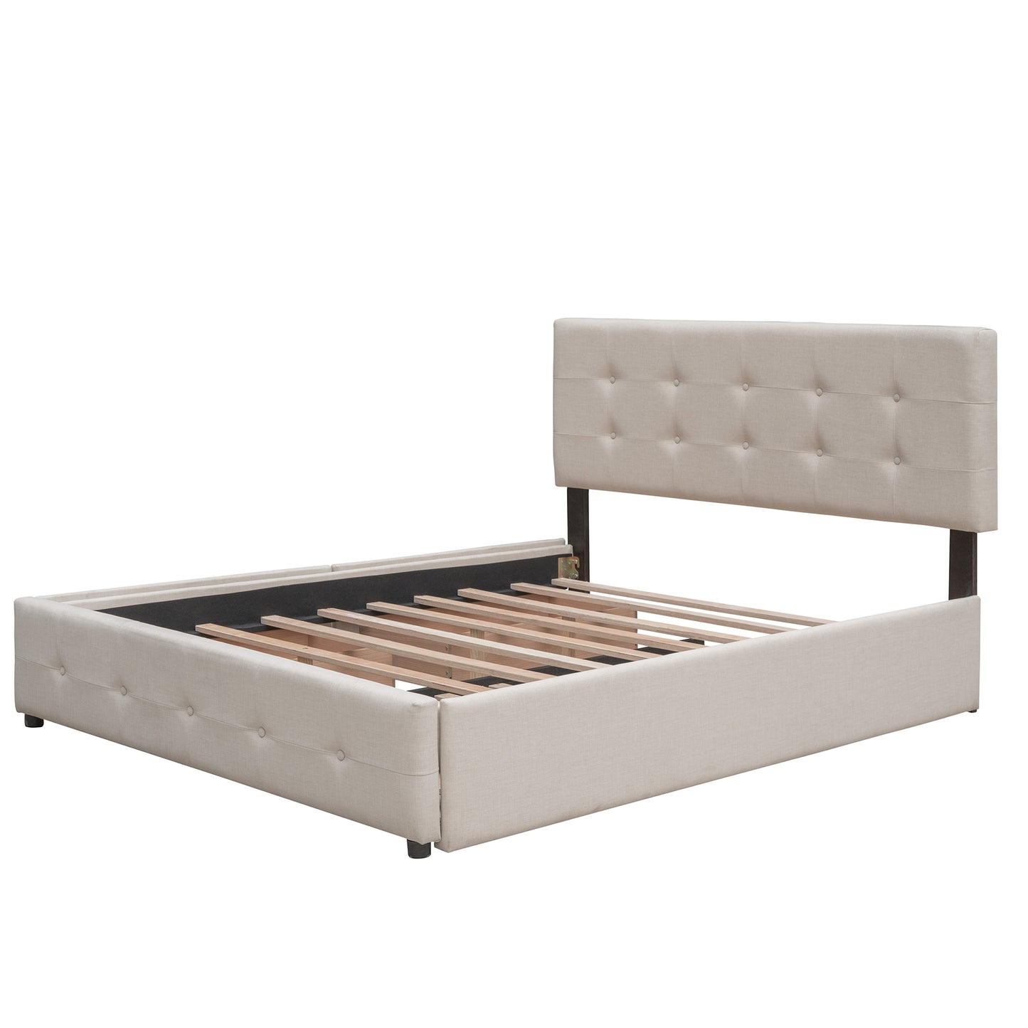 Upholstered Platform Bed with 2 Drawers and 1 Twin XL Trundle,  Linen Fabric, Queen Size - Dark Beige