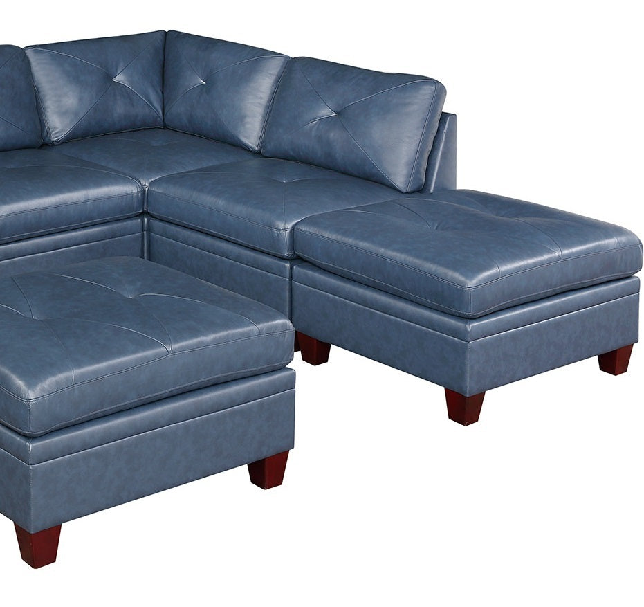 Luxurious Genuine Leather Ink Blue Modular Living Room Sofa Set with Tufted Design