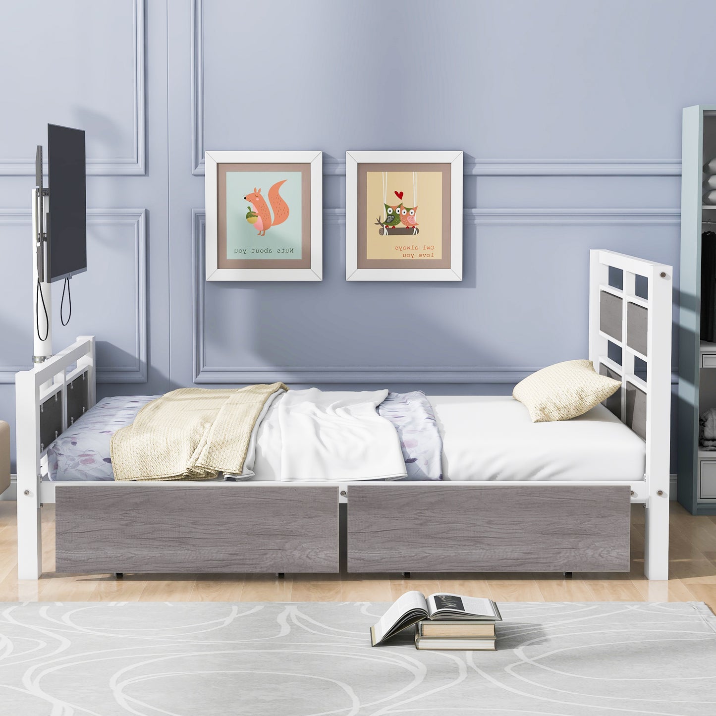 Metal Platform Bed with Rotating TV Stand, Storage Drawers, and MDF Headboard, Twin Size, White