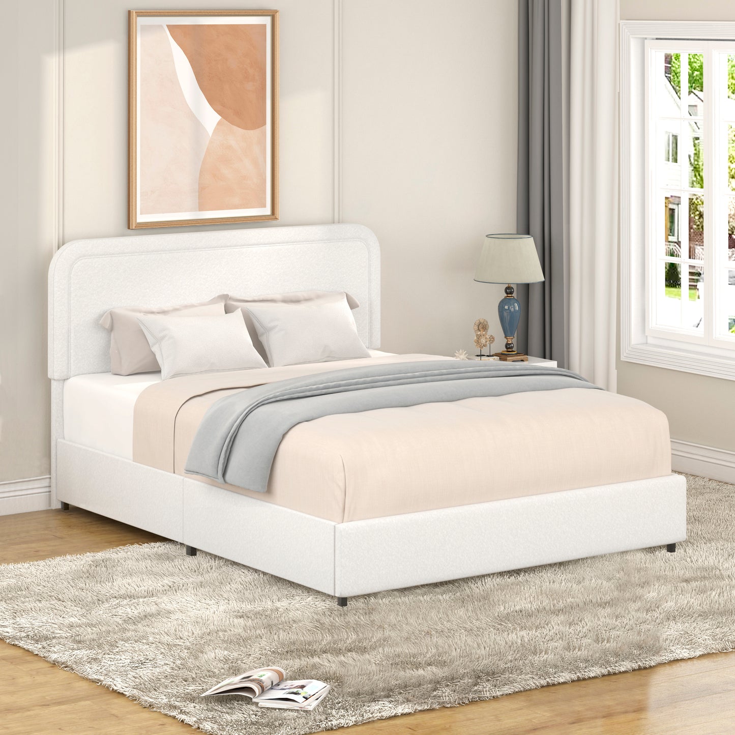 Liv Queen Size Ivory Boucle Upholstered Platform Bed with Patented 4 Drawers Storage, Curved Stitched Tufted Headboard, Wooden Slat Mattress Support, No Box Spring Needed