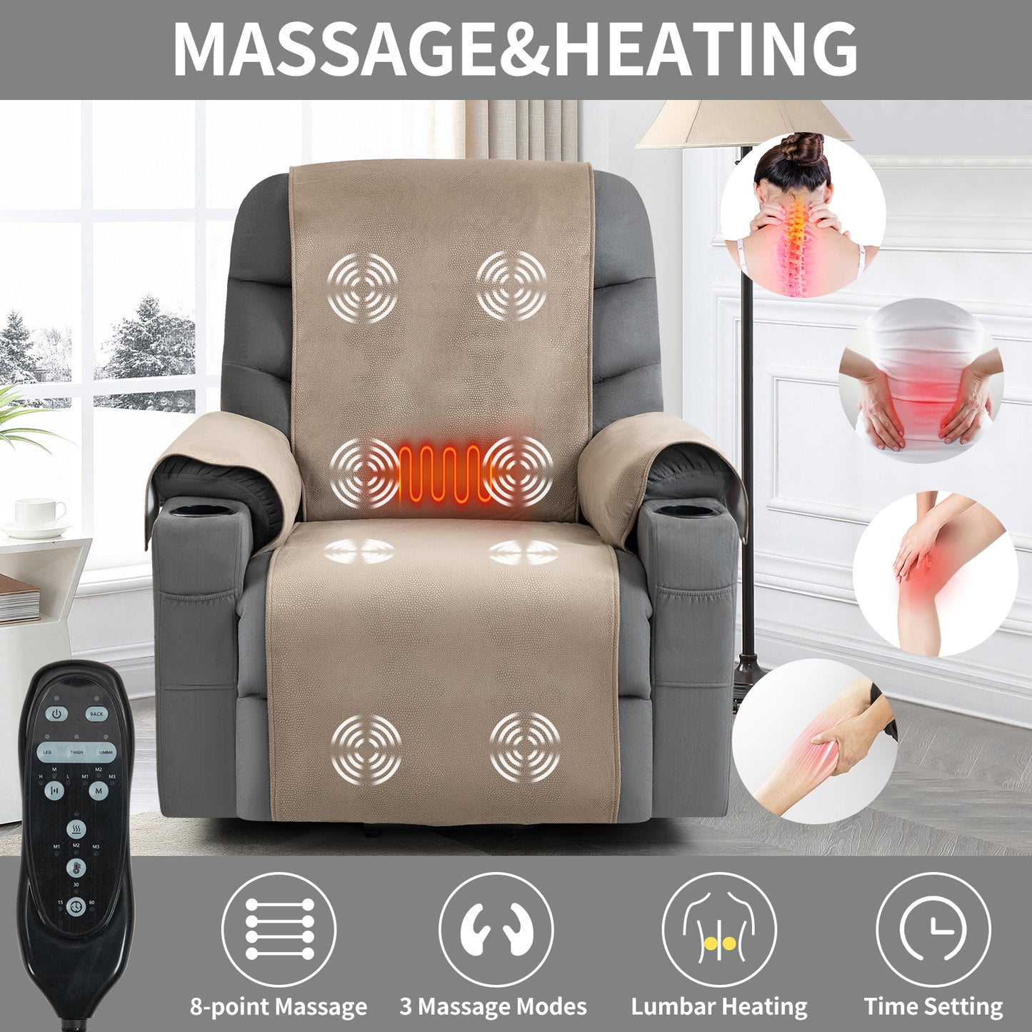 Grey Lift Recliner Chair with Massage, Heat, USB Ports, and Lumbar Support