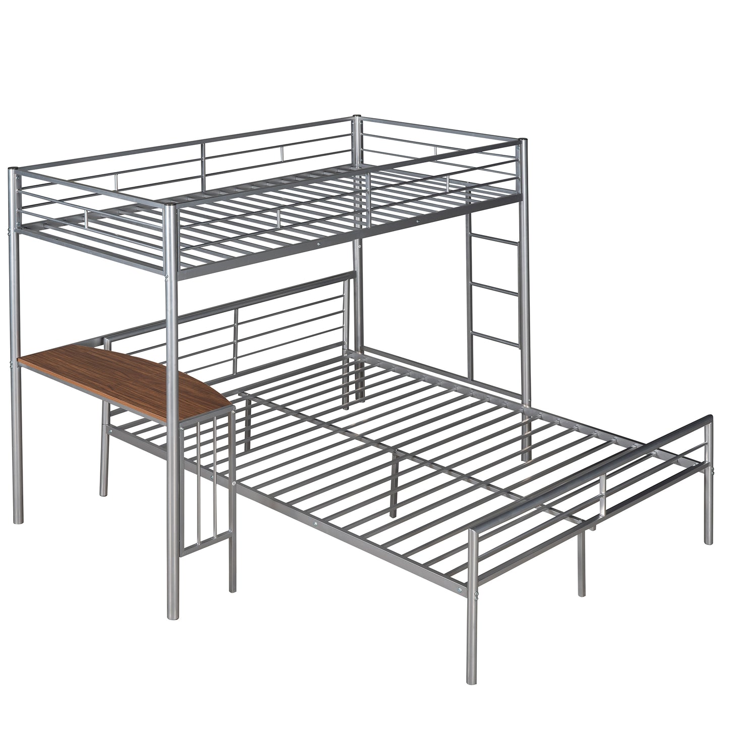 Silver Metal Twin Over Full Loft Bed with Integrated Desk and Ladder