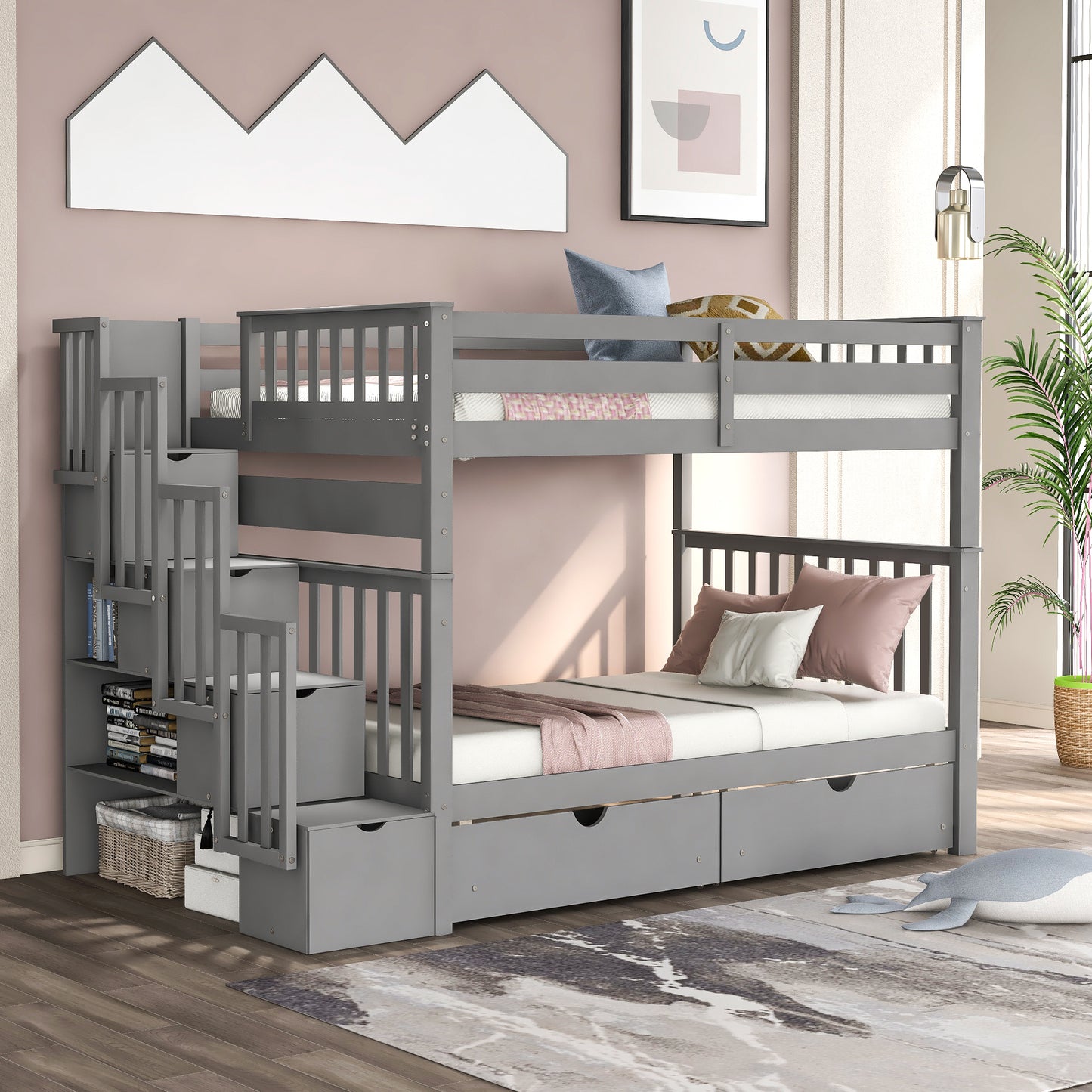 Gray Full Over Full Bunk Bed with Storage Drawers and Shelving