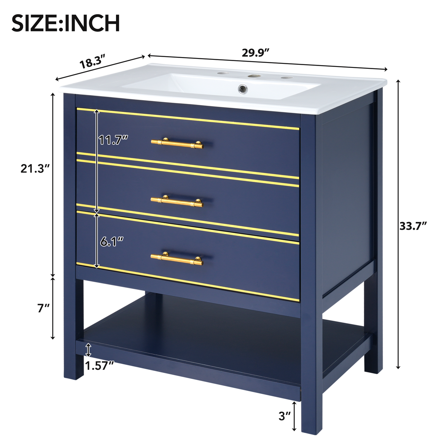 Modern 30inch Navy Blue/White Bathroom Vanity Cabinet Combo with OpenStorge, Two Drawers