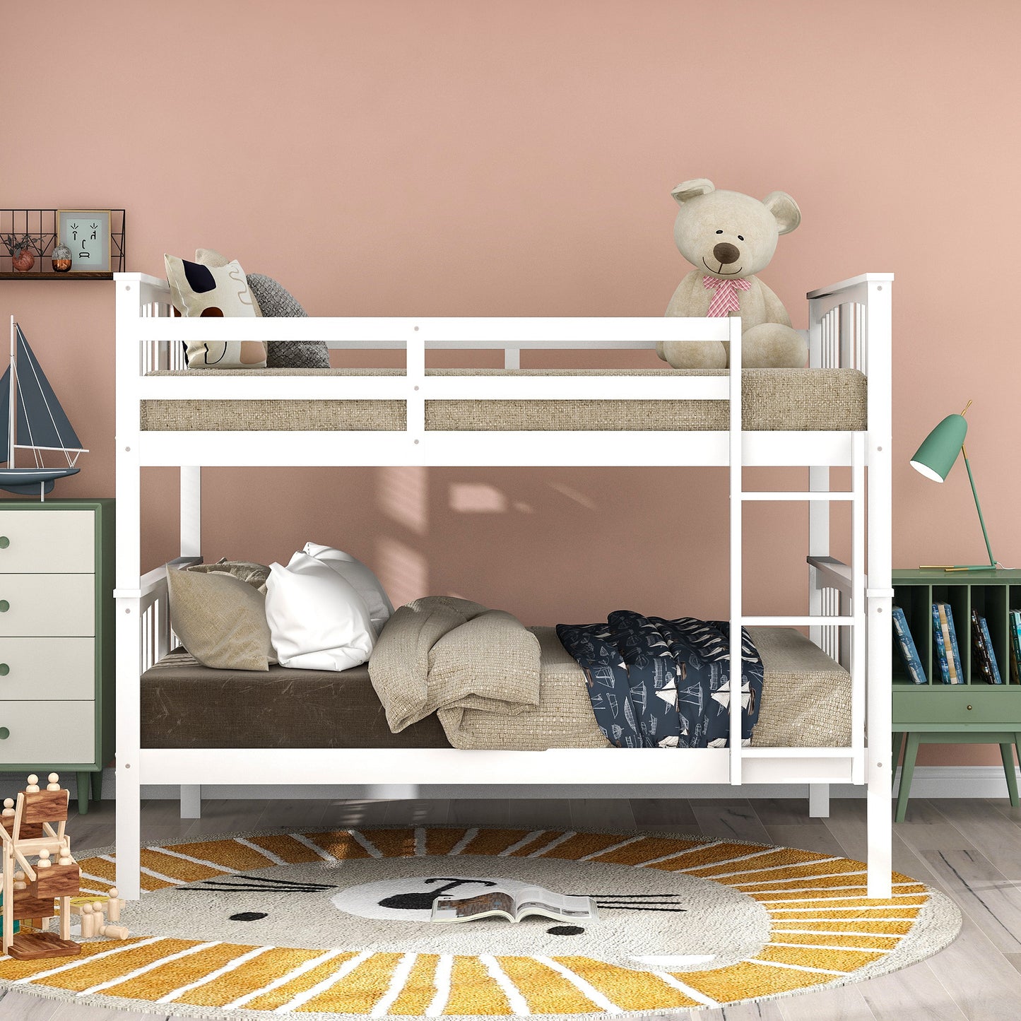 Stylish White Full-Size Bunk Bed with Ladder and Versatile Design