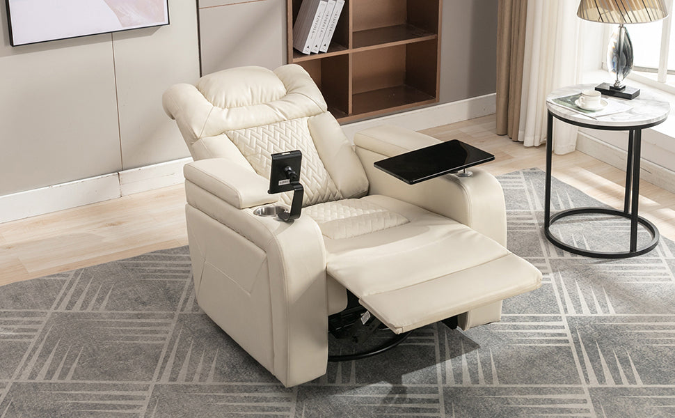 Power Recliner with Swivel, Cup Holder, USB Port, and Tray Table, White