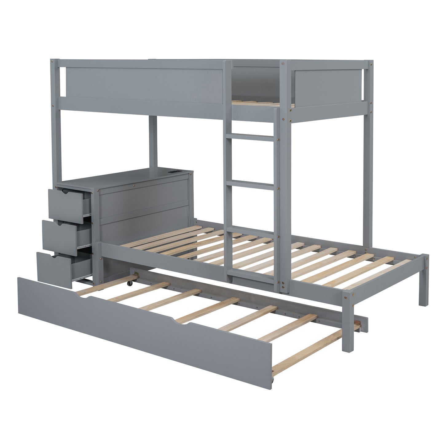 Gray Twin Bunk Bed Set with Trundle, Storage, Desk and USB Ports