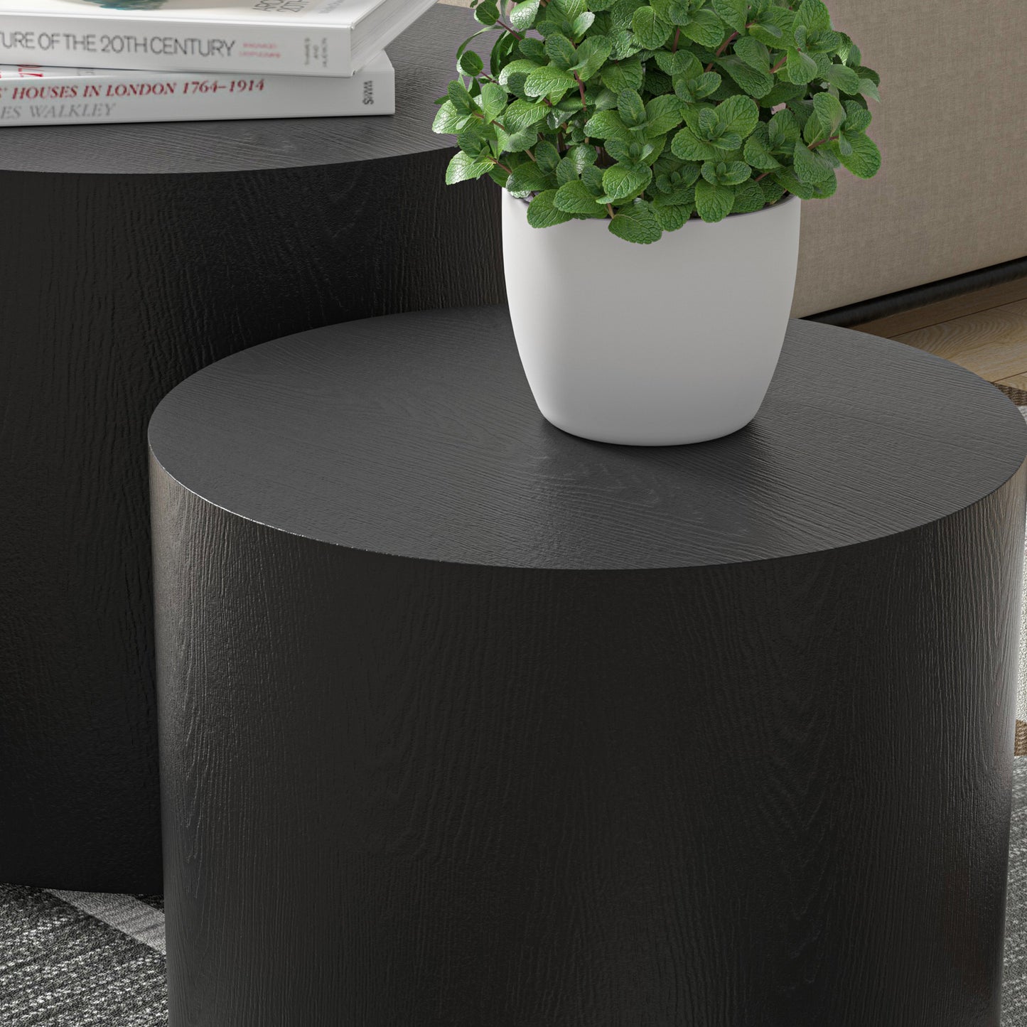 Black MDF Side Table Set of 2 with Veneer Finish for Home and Office