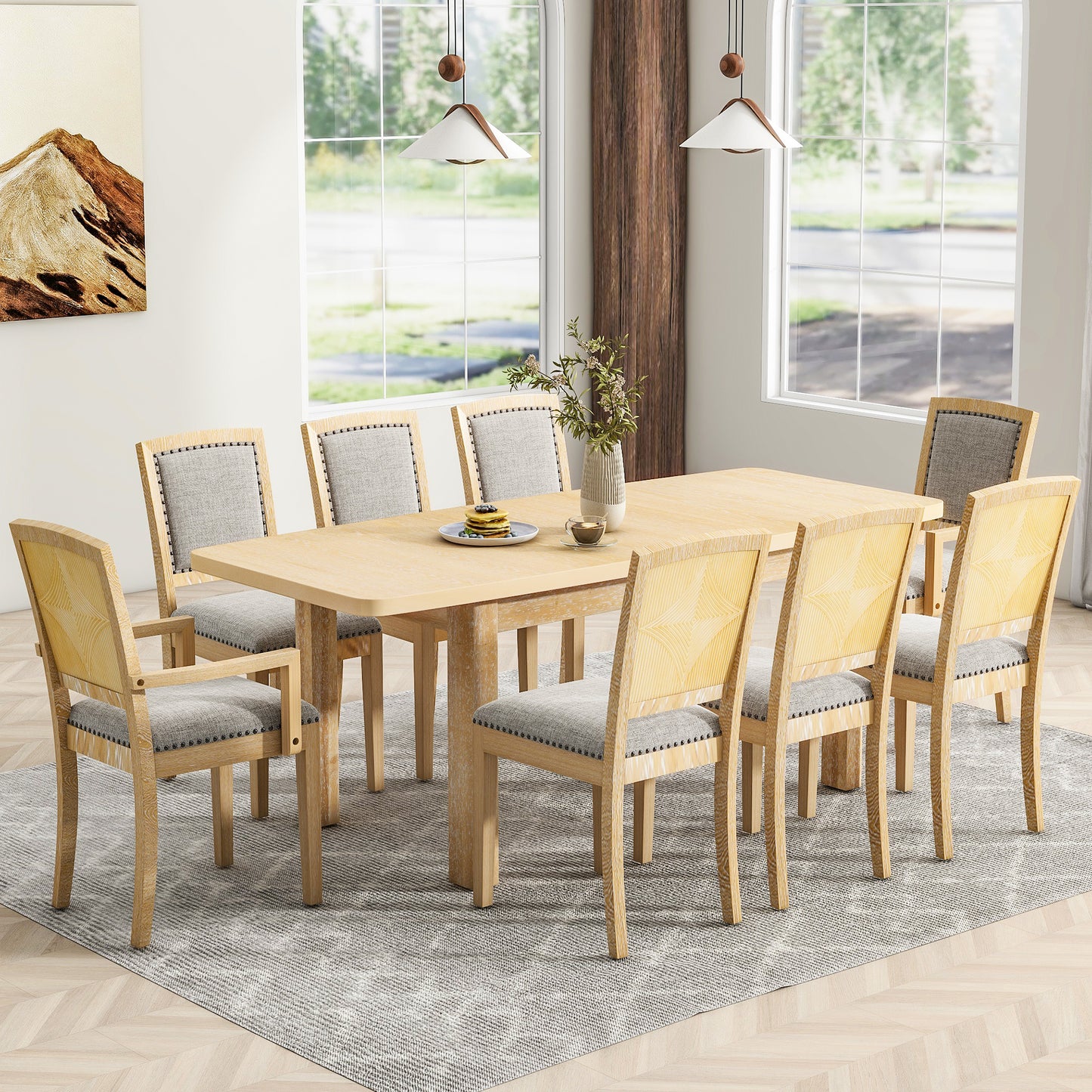 Rustic Extendable 84inch Dining Table Set with 24inch Removable Leaf , 6 Upholstered Armless Dining Chairs and 2 Padded Arm Chairs, 9 Pieces, Natural