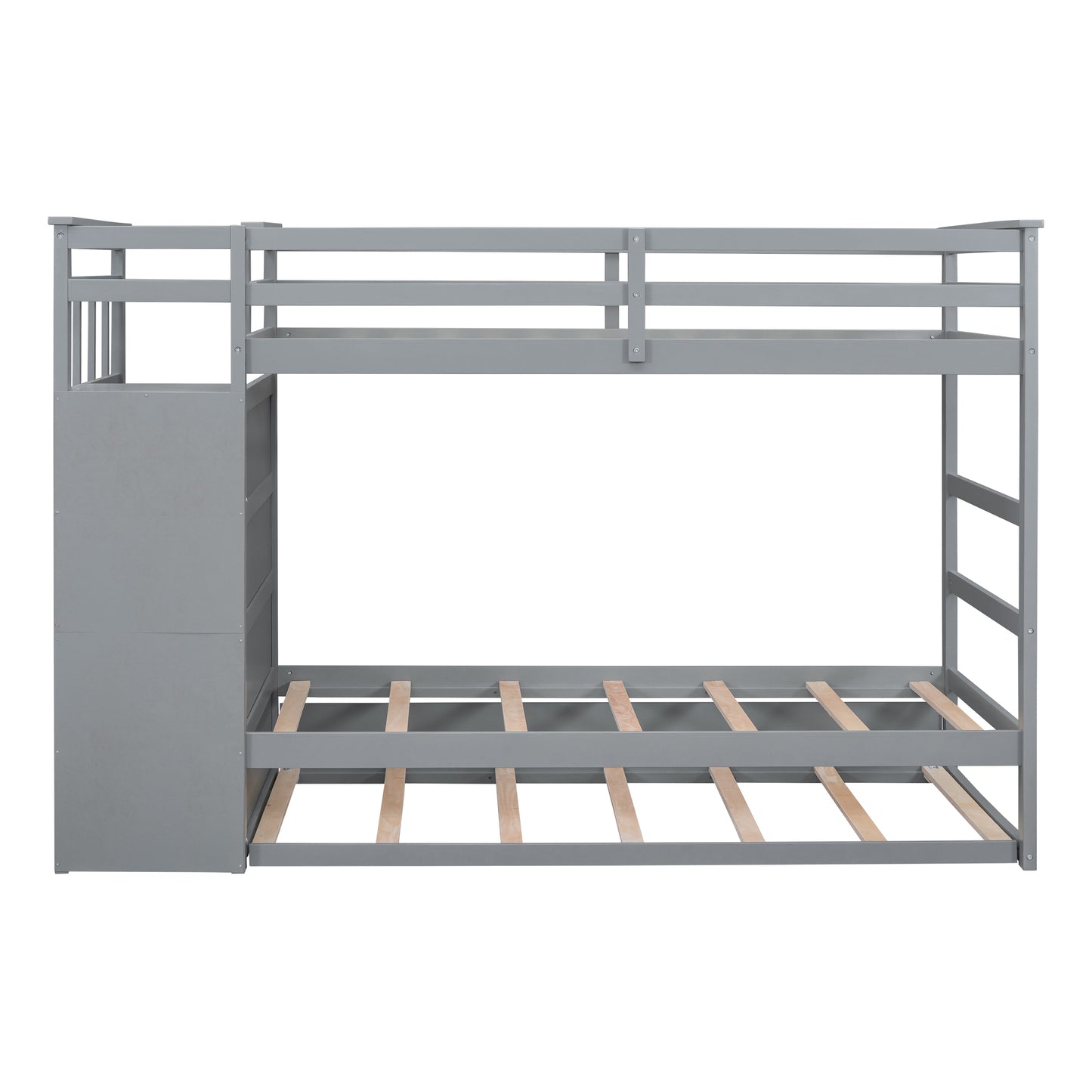 Gray Twin Bunk Bed with Trundle Staircase